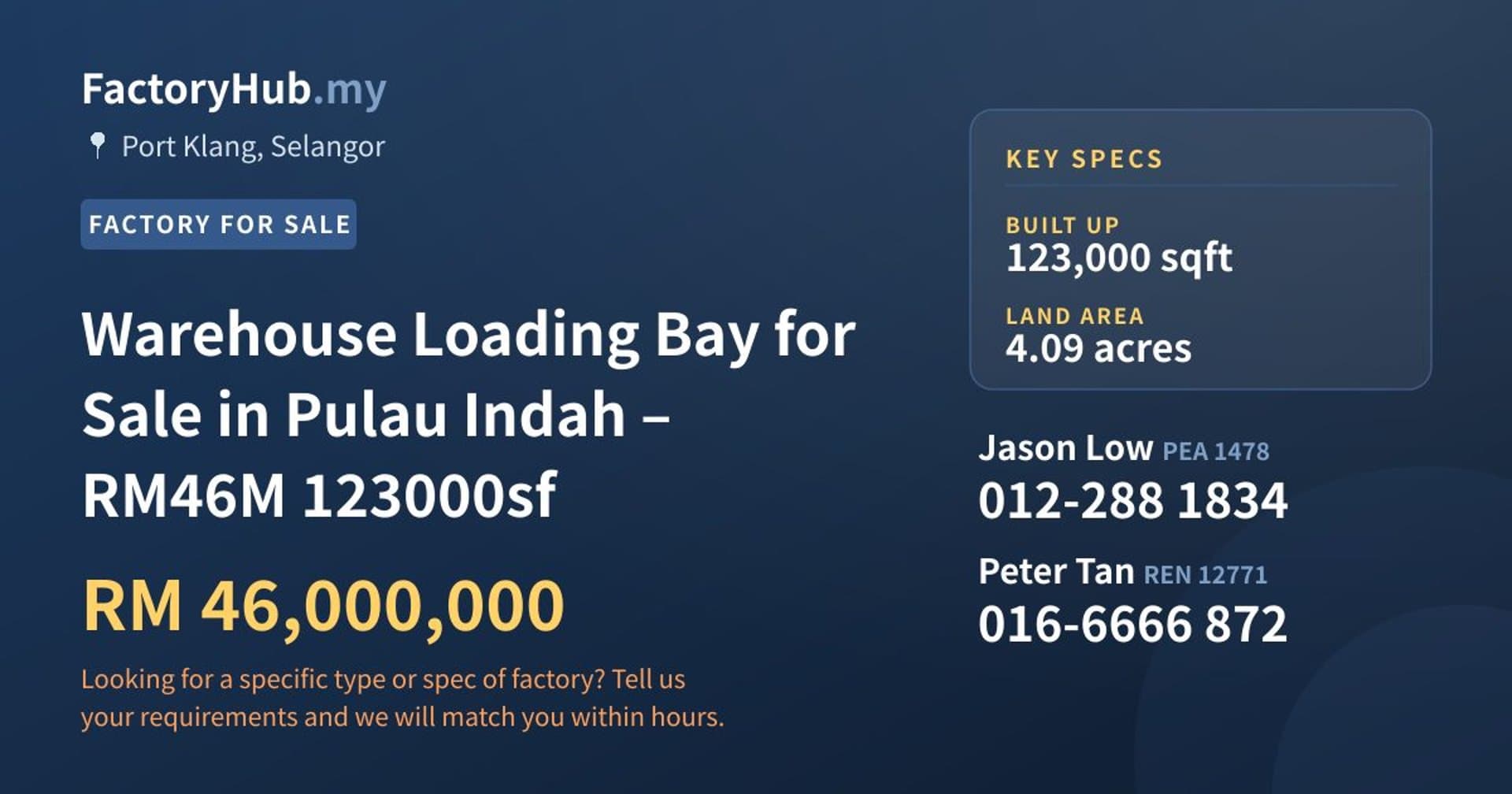 Warehouse Loading Bay for Sale in Pulau Indah – RM46M 123000sf - Property image 1 of 9