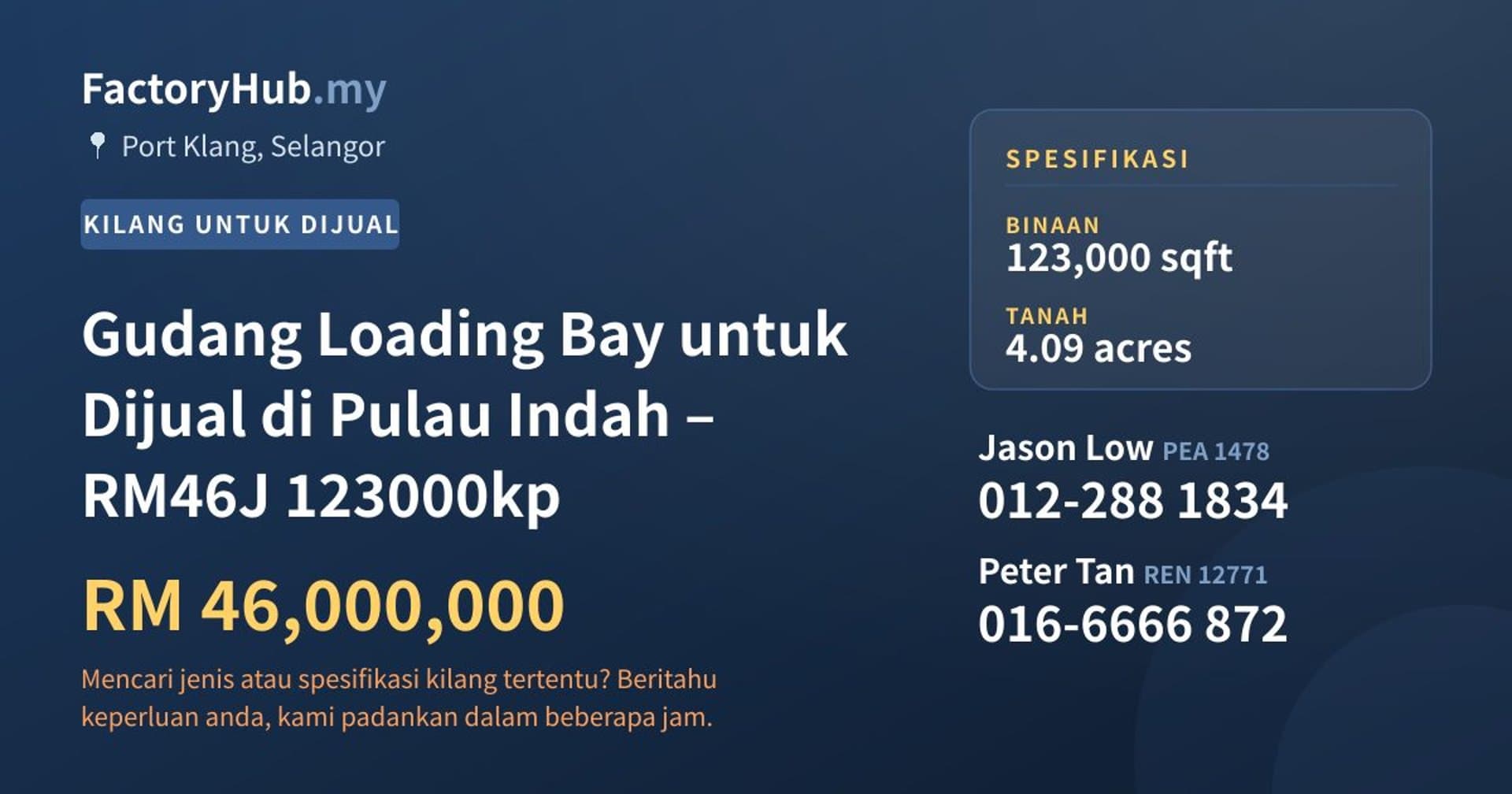 Gudang Loading Bay untuk Dijual di Pulau Indah – RM46J 123000kp · Imej hartanah 1/9