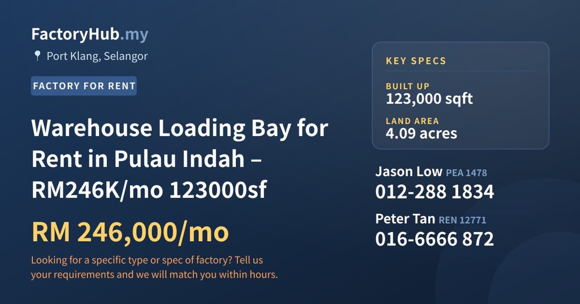 Warehouse Loading Bay for Rent in Pulau Indah – RM246K/mo 123000sf - Property image 1 of 9