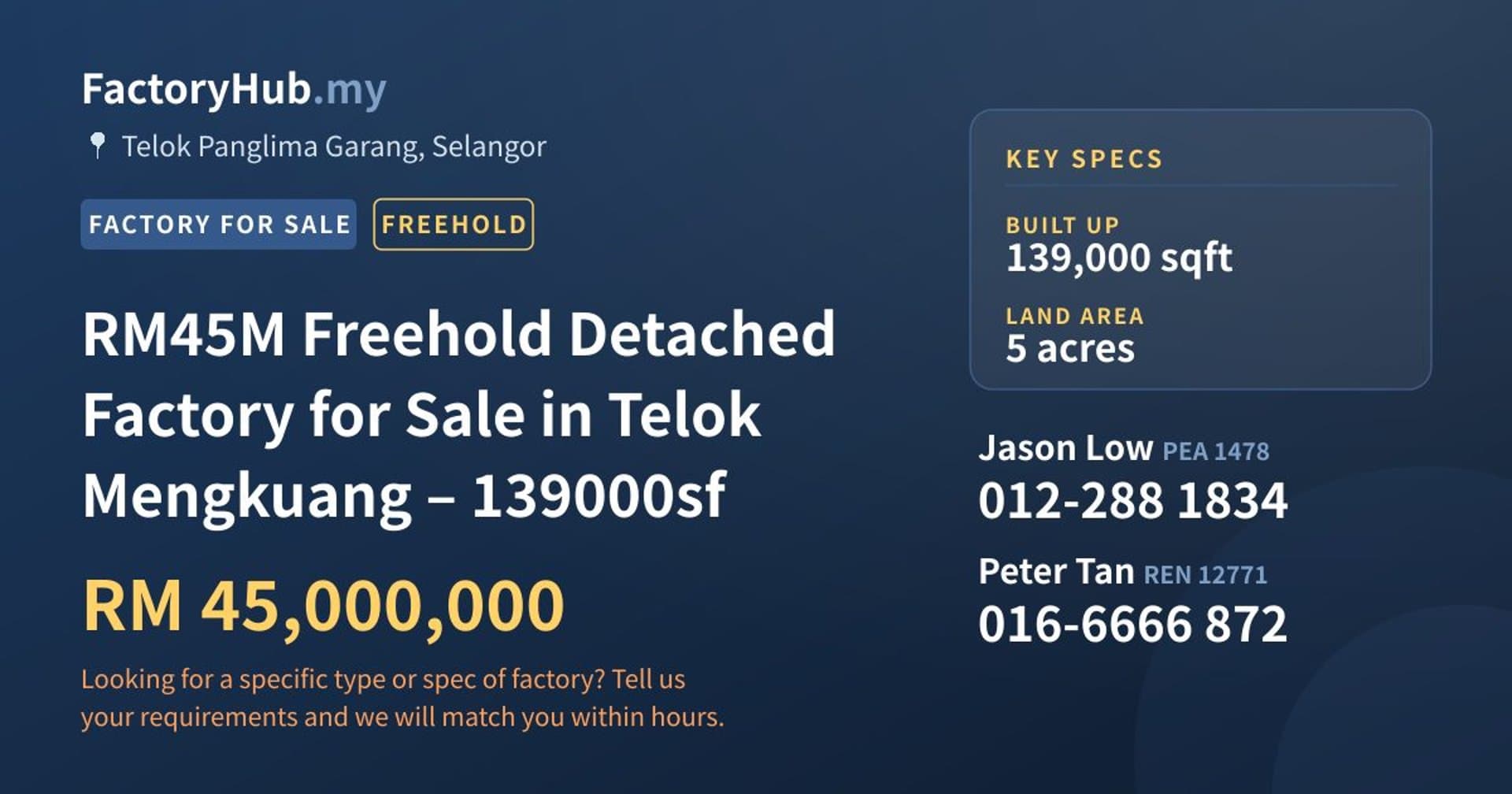 RM45M Freehold Detached Factory for Sale in Telok Mengkuang – 139000sf - Property image 1 of 9