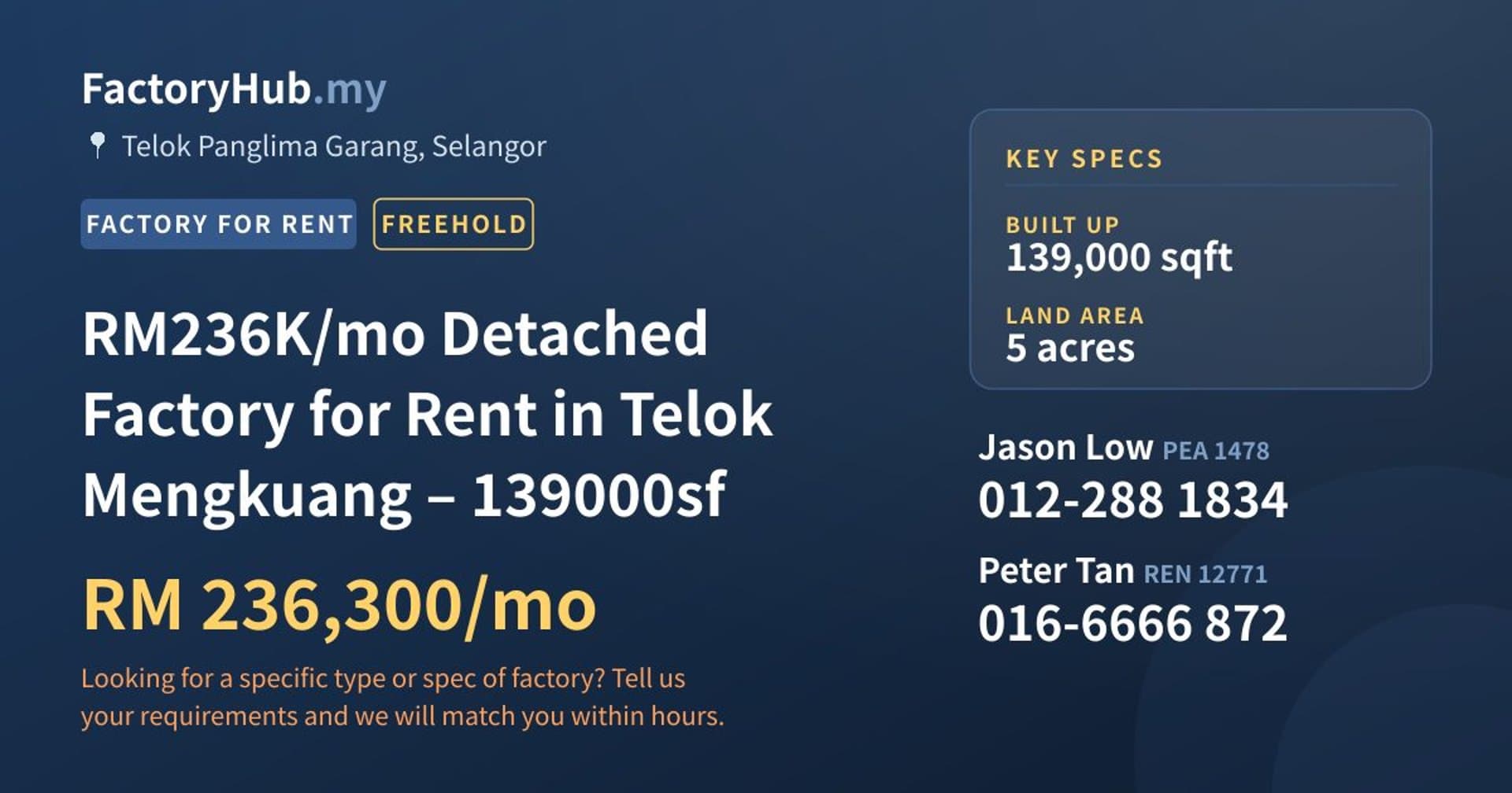 RM236K/mo Detached Factory for Rent in Telok Mengkuang – 139000sf - Property image 1 of 9