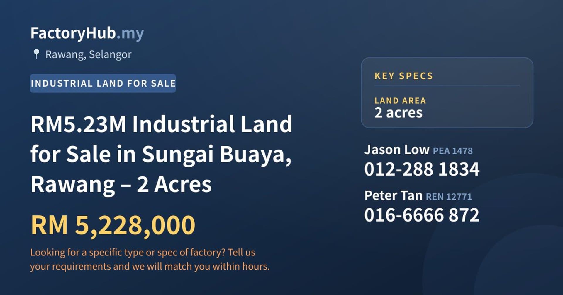 RM5.23M Industrial Land for Sale in Sungai Buaya, Rawang – 2 Acres - Property image 1 of 5