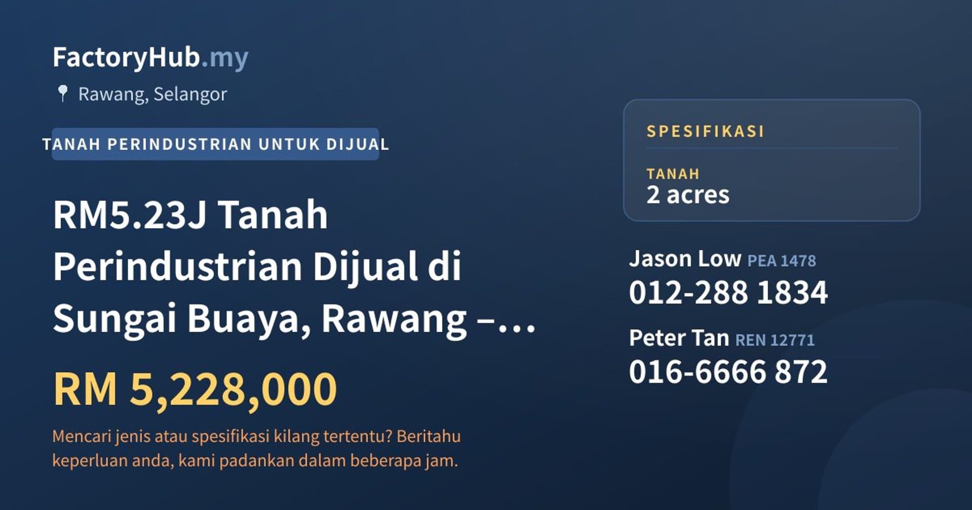 RM5.23J Tanah Perindustrian Dijual di Sungai Buaya, Rawang – 2 Ekar · Imej hartanah 1/5