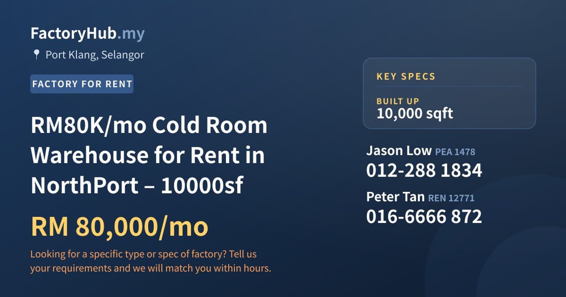 RM80K/mo Cold Room Warehouse for Rent in NorthPort – 10000sf - Property image 1 of 5
