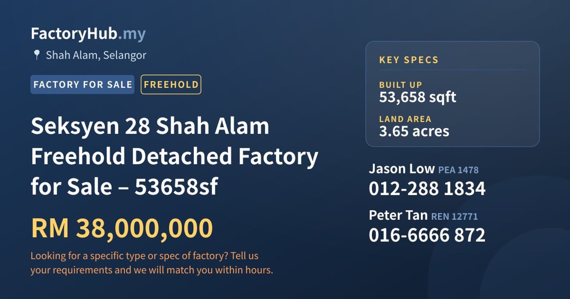 Seksyen 28 Shah Alam Freehold Detached Factory for Sale – 53658sf - Property image 1 of 9