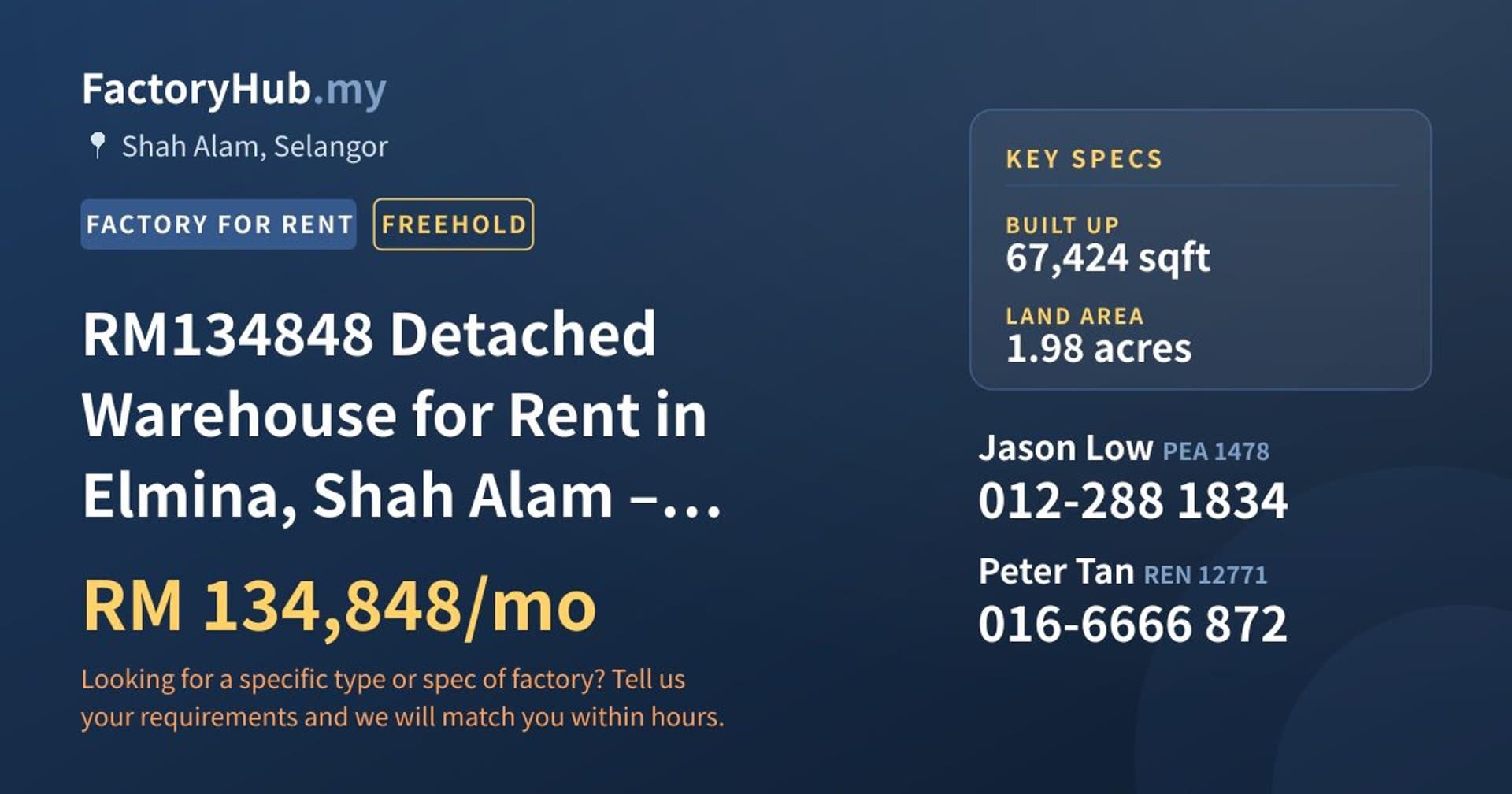 RM134848 Detached Warehouse for Rent in Elmina, Shah Alam – 67424sf - Property image 1 of 9