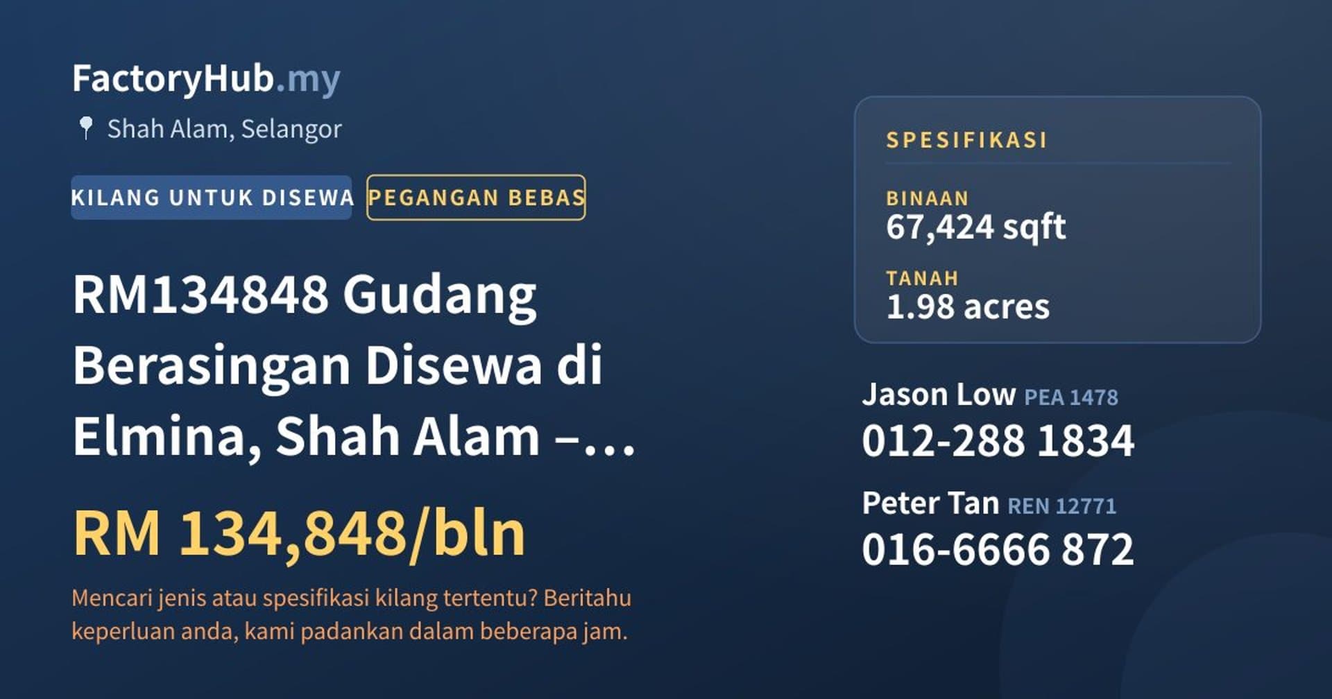 RM134848 Gudang Berasingan Disewa di Elmina, Shah Alam – 67424kp · Imej hartanah 1/9