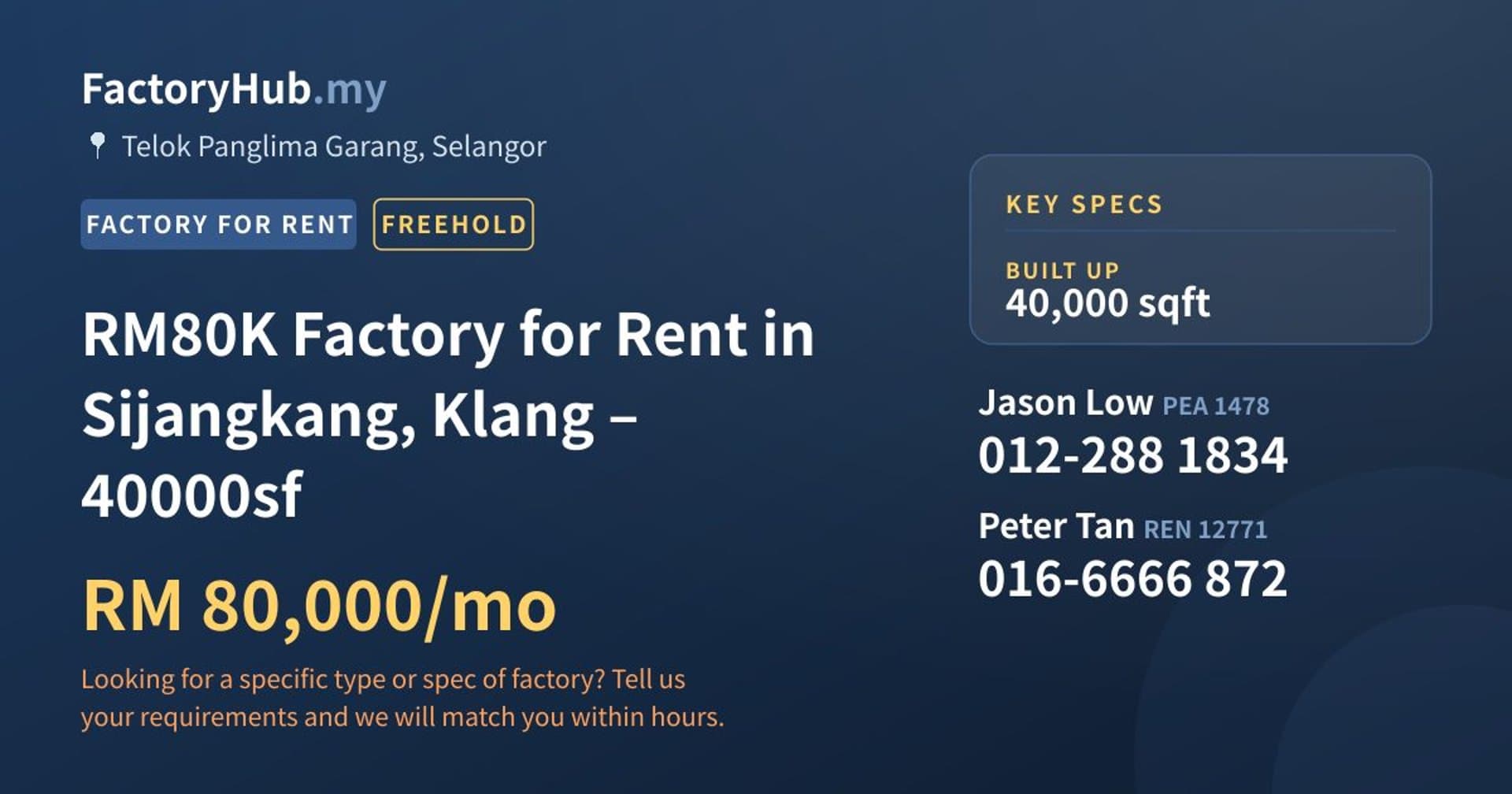 RM80K Factory for Rent in Sijangkang, Klang – 40000sf - Property image 1 of 9