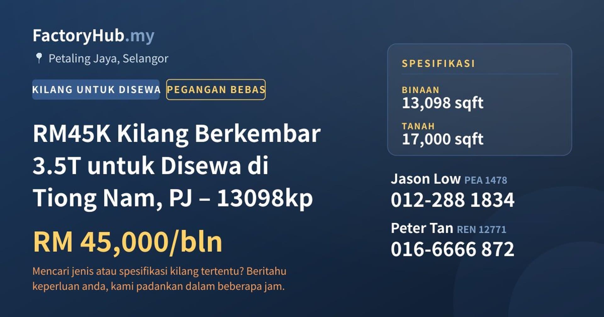 RM45K Kilang Berkembar 3.5T untuk Disewa di Tiong Nam, PJ – 13098kp · Imej hartanah 1/9