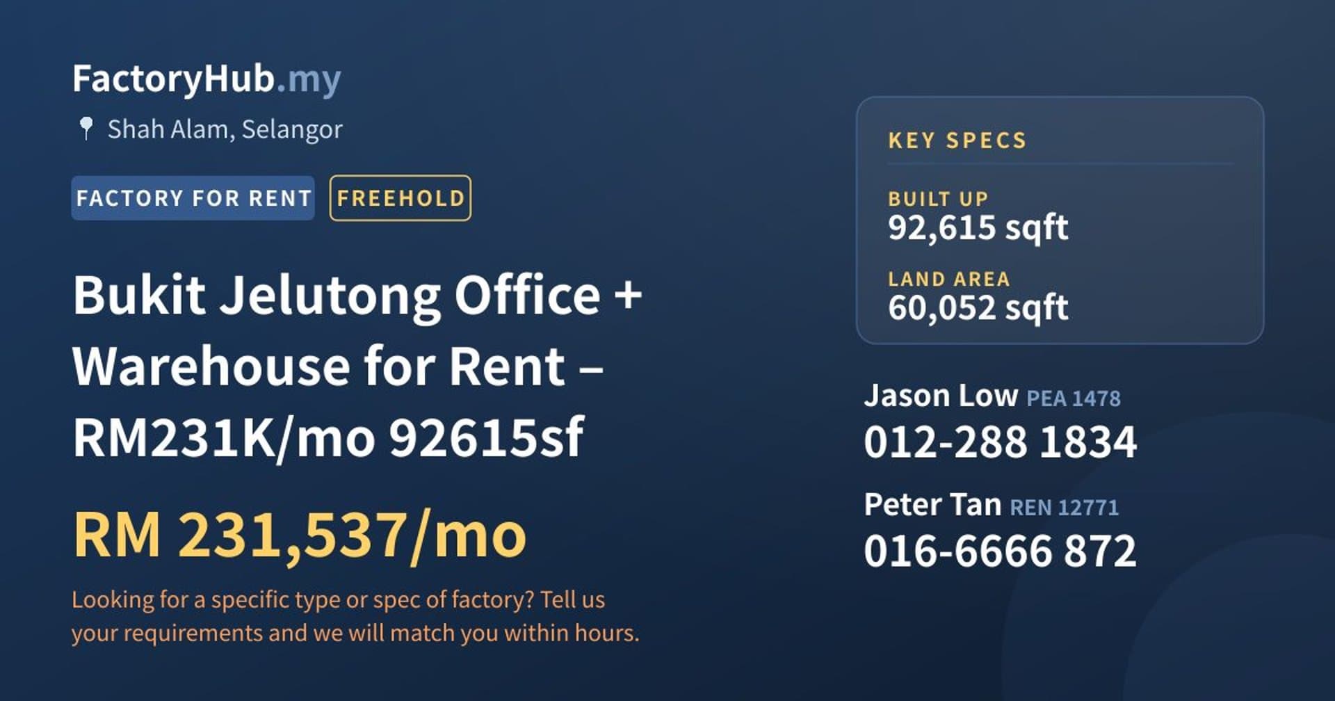 Bukit Jelutong Office + Warehouse for Rent – RM231K/mo 92615sf - Property image 1 of 9