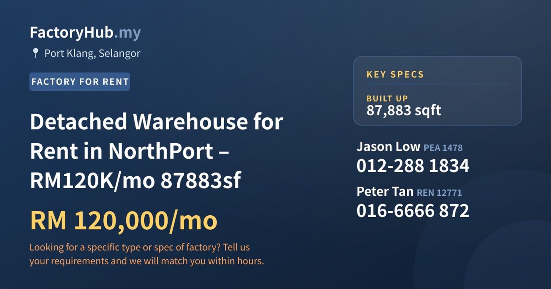 Detached Warehouse for Rent in NorthPort – RM120K/mo 87883sf - Property image 1 of 5