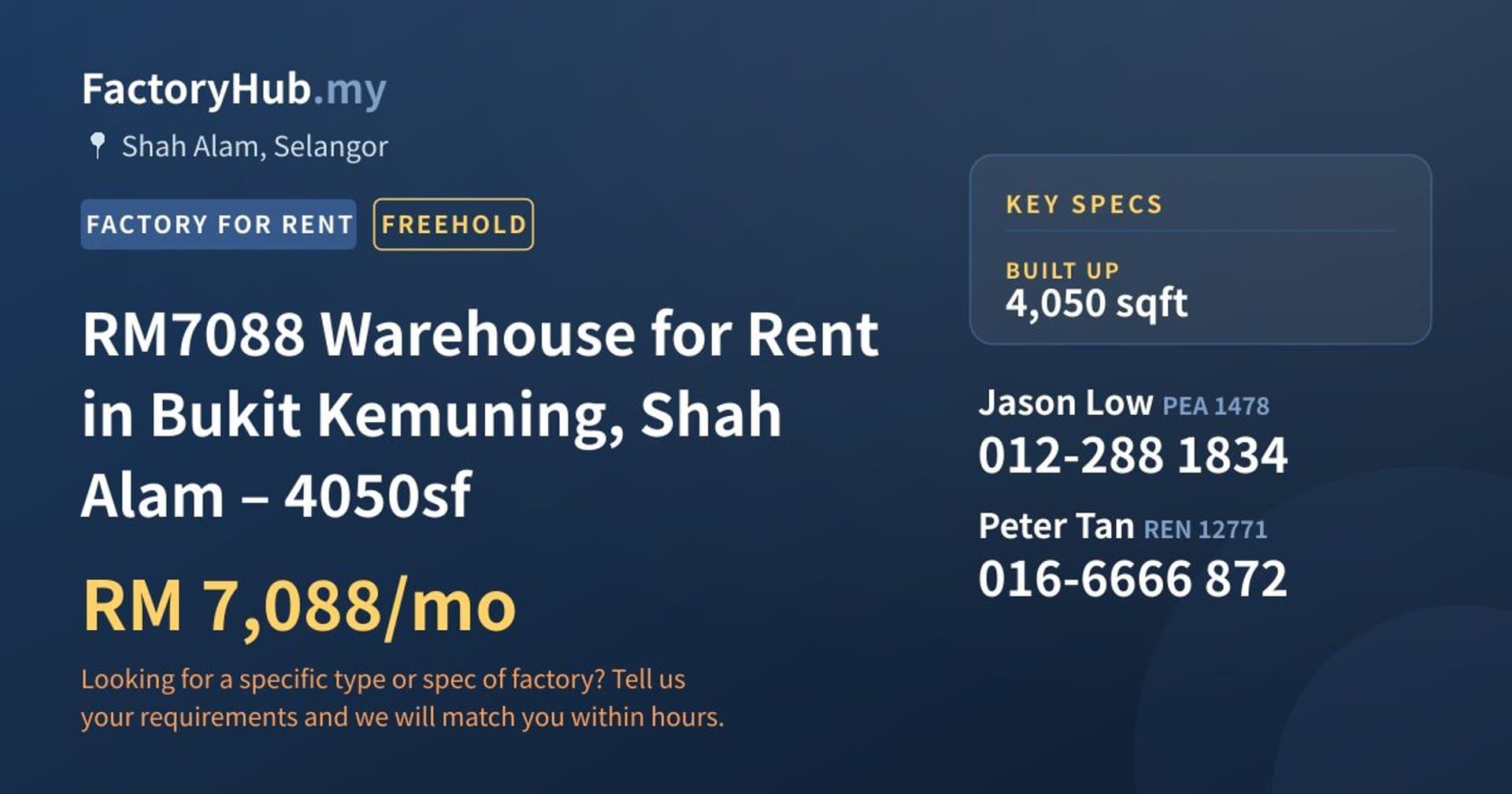 RM7088 Warehouse for Rent in Bukit Kemuning, Shah Alam – 4050sf - Property image 1 of 9