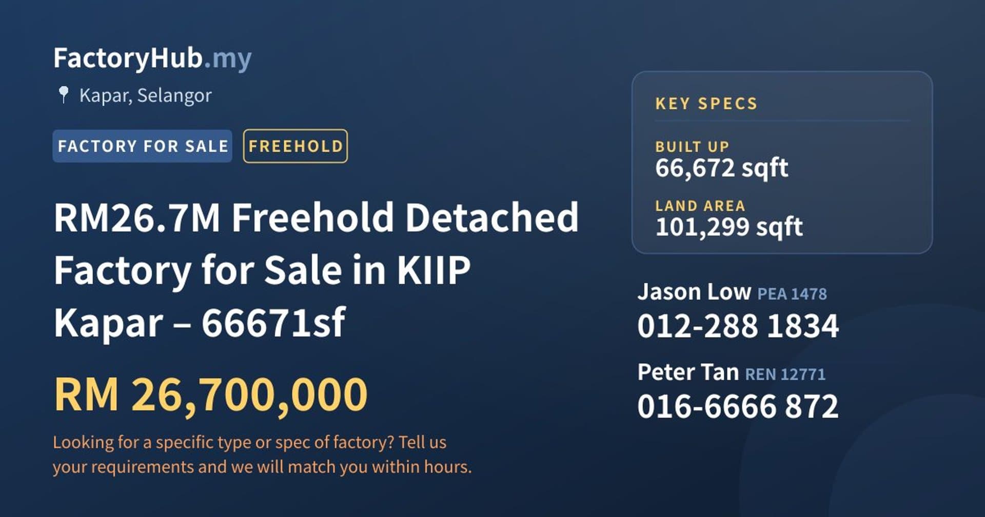 RM26.7M Freehold Detached Factory for Sale in KIIP Kapar – 66671sf - Property image 1 of 9