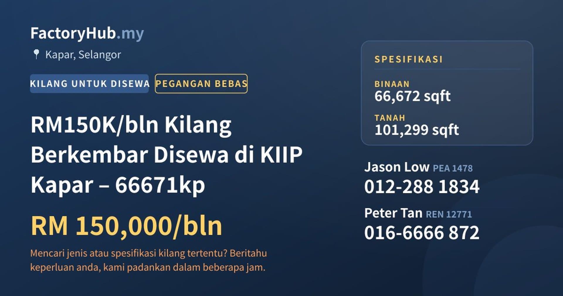 RM150K/bln Kilang Berkembar Disewa di KIIP Kapar – 66671kp · Imej hartanah 1/9