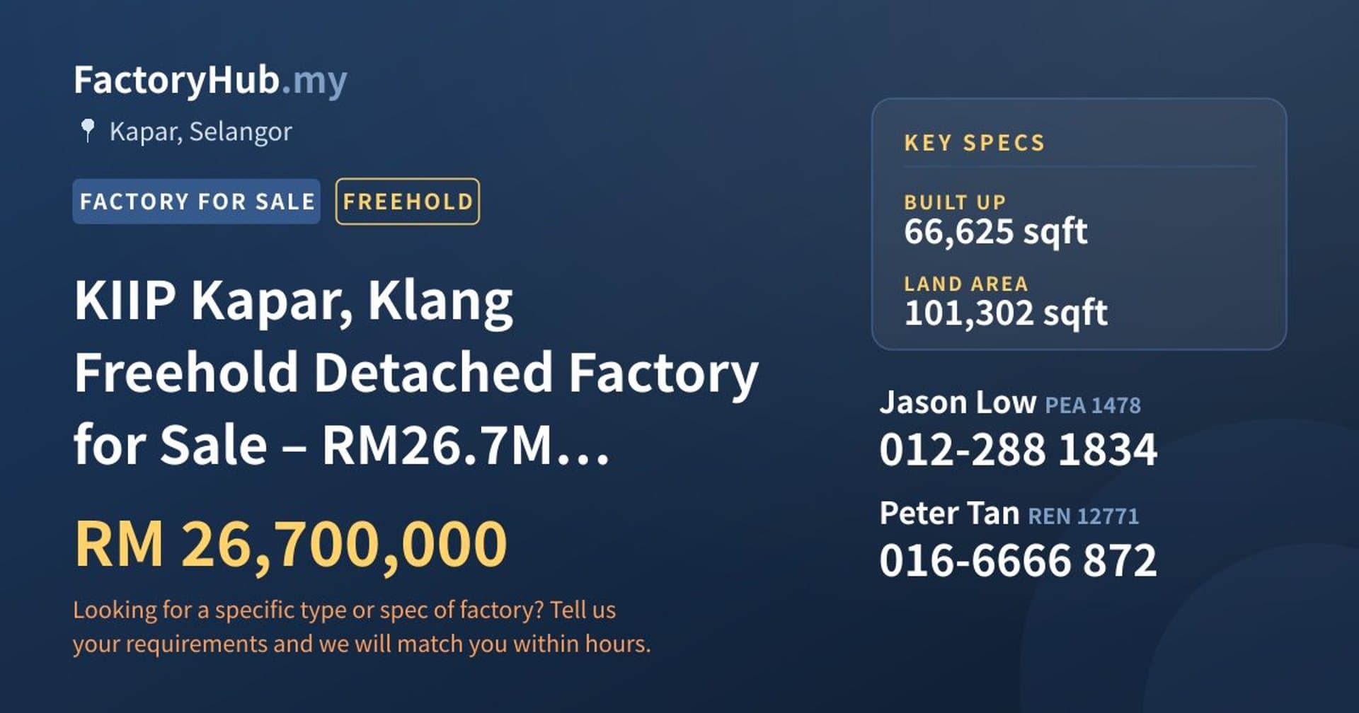 KIIP Kapar, Klang Freehold Detached Factory for Sale – RM26.7M 66624sf - Property image 1 of 9