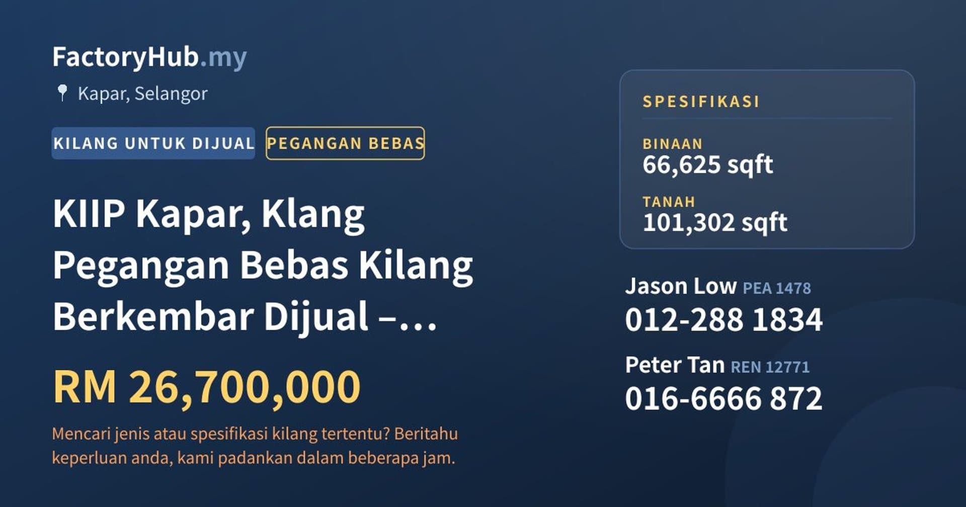 KIIP Kapar, Klang Pegangan Bebas Kilang Berkembar Dijual – RM26.7J · Imej hartanah 1/9