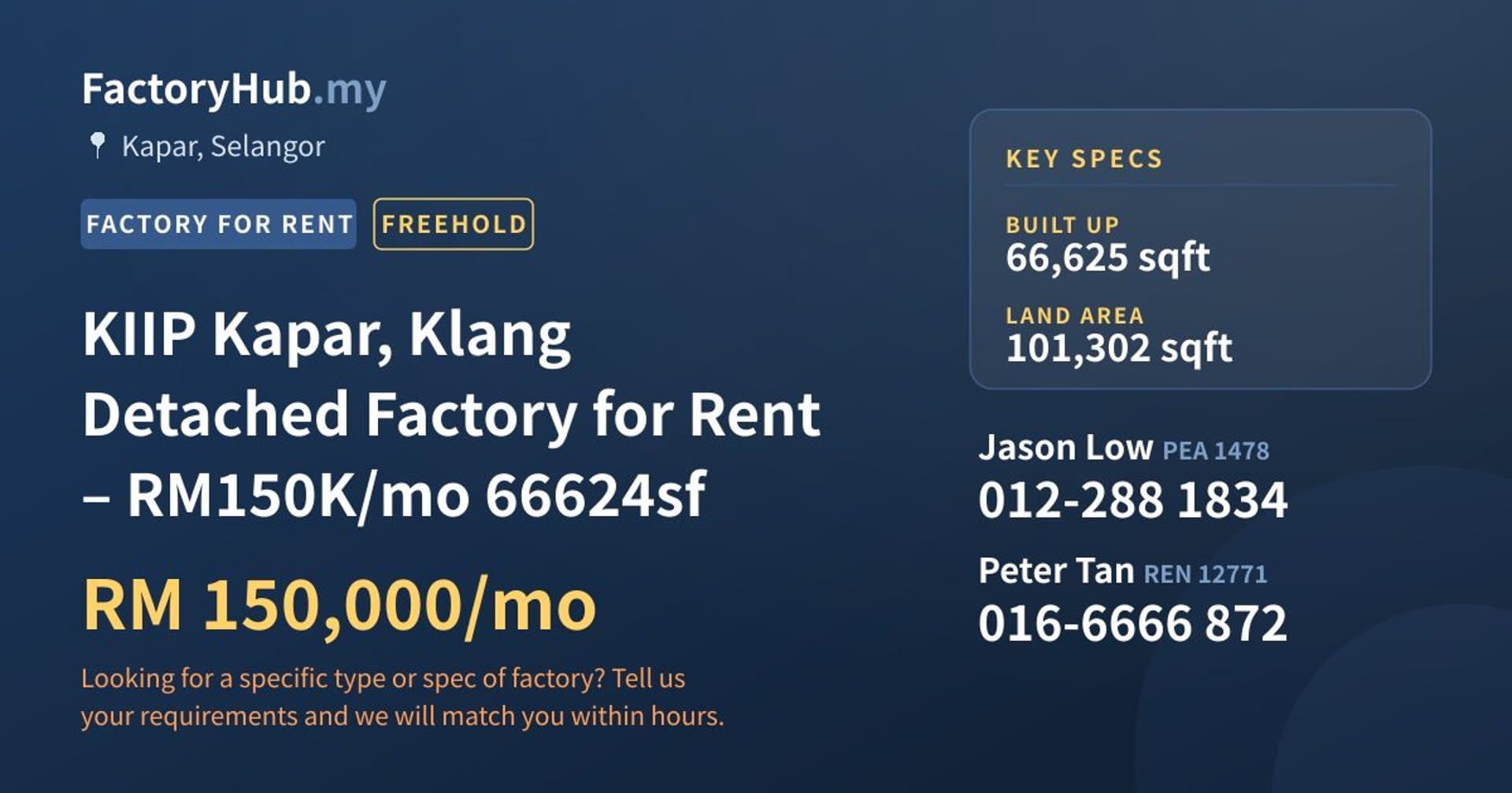 KIIP Kapar, Klang Detached Factory for Rent – RM150K/mo 66624sf - Property image 1 of 9