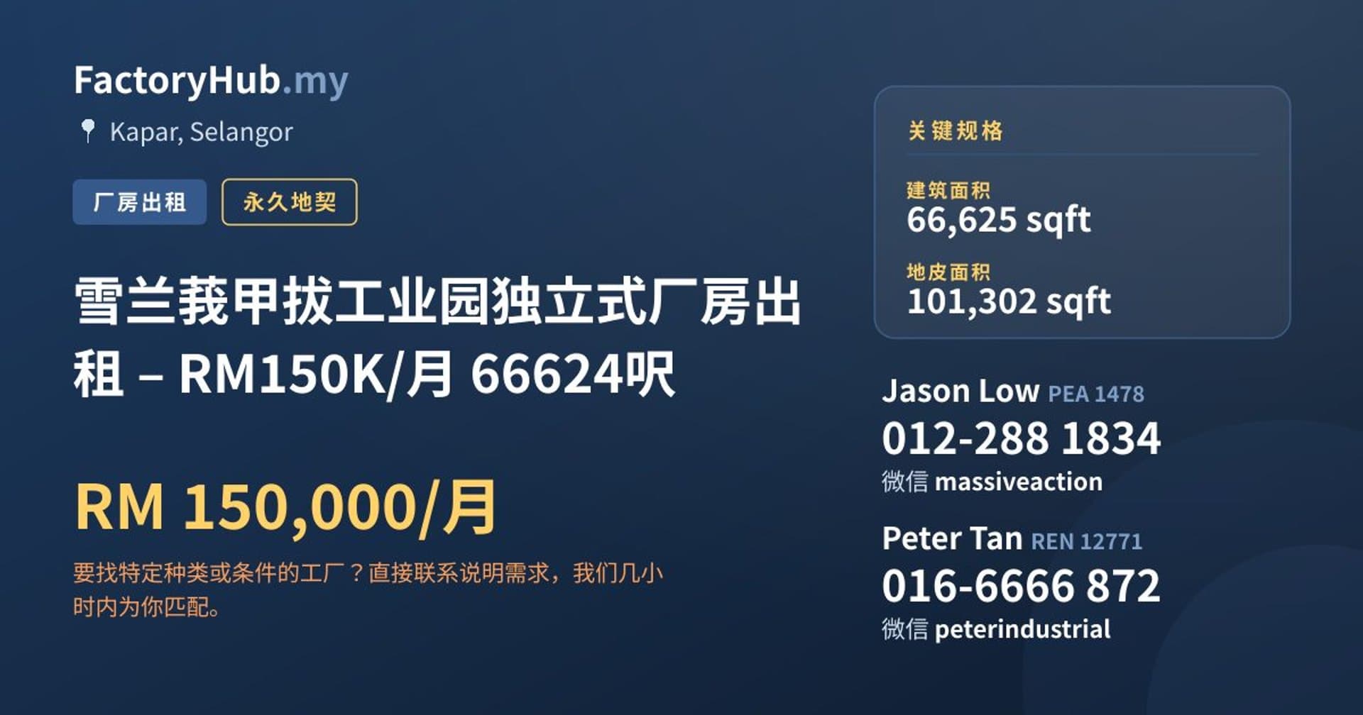 雪兰莪甲拔工业园独立式厂房出租 – RM150K/月 66624呎 · 房源图片 1/9