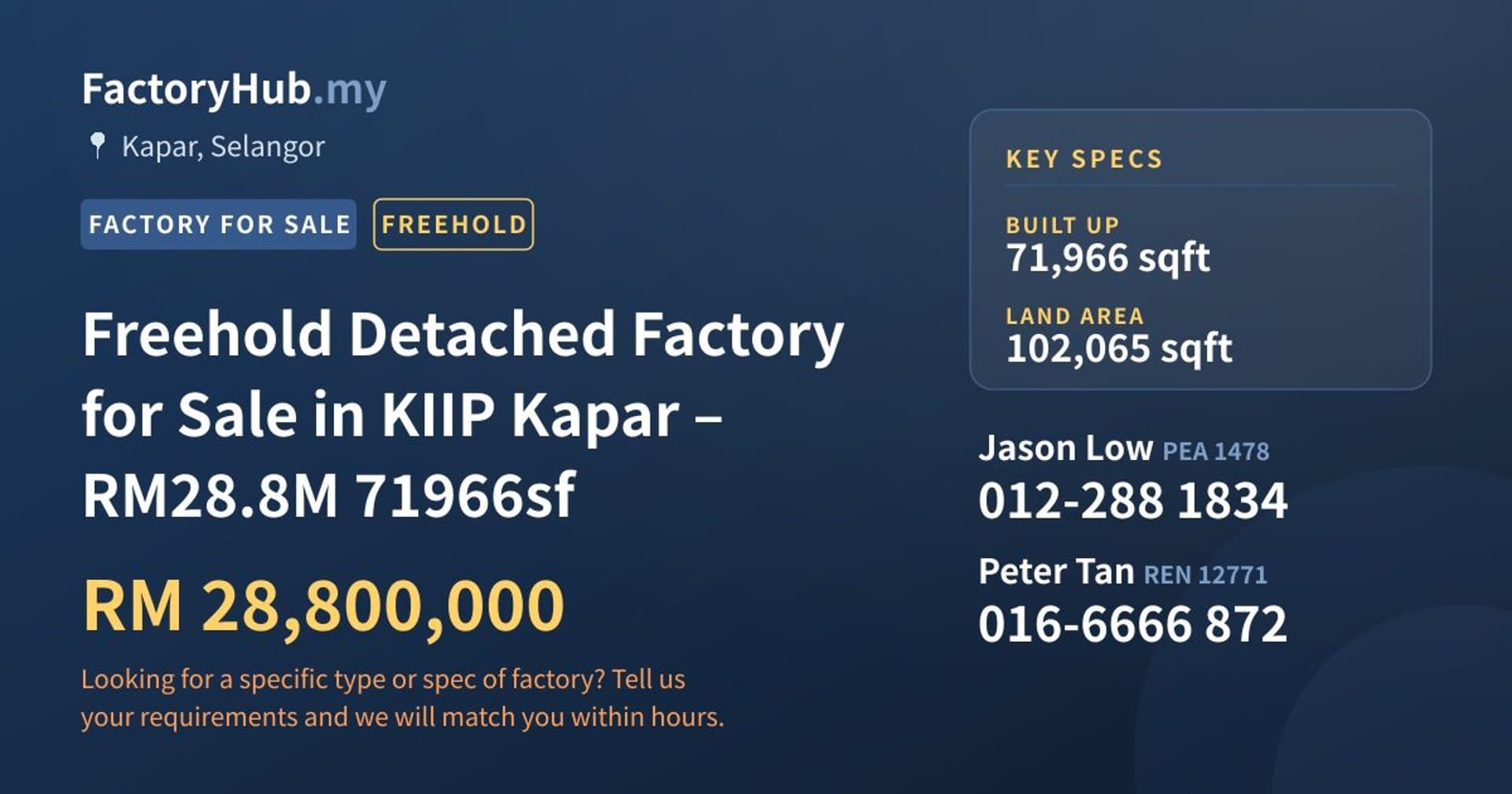 Freehold Detached Factory for Sale in KIIP Kapar – RM28.8M 71966sf - Property image 1 of 9