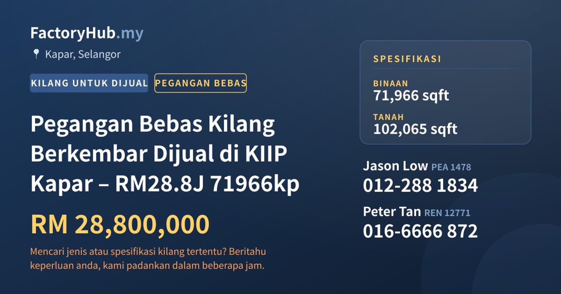 Pegangan Bebas Kilang Berkembar Dijual di KIIP Kapar – RM28.8J 71966kp · Imej hartanah 1/9