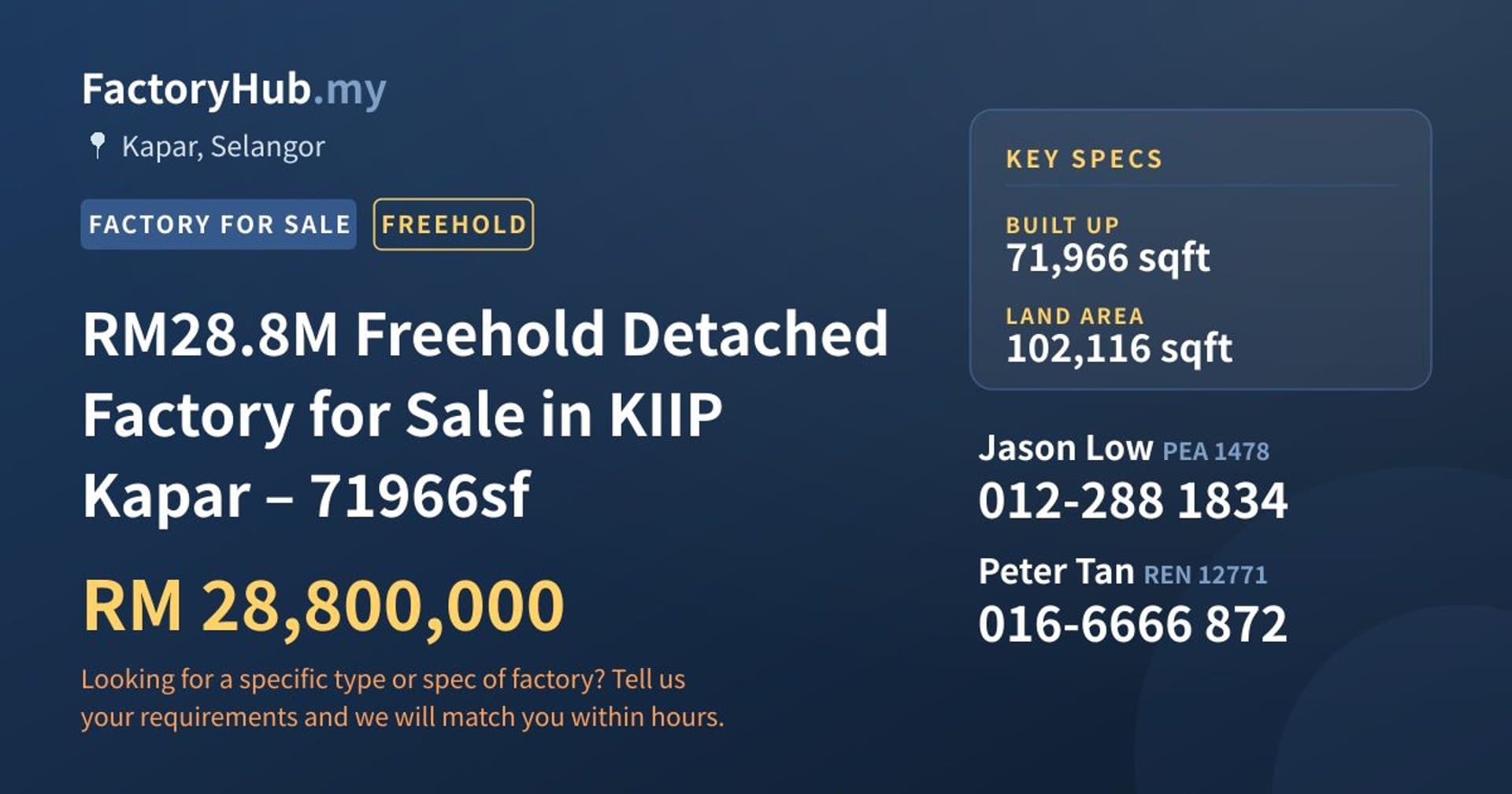 RM28.8M Freehold Detached Factory for Sale in KIIP Kapar – 71966sf - Property image 1 of 9