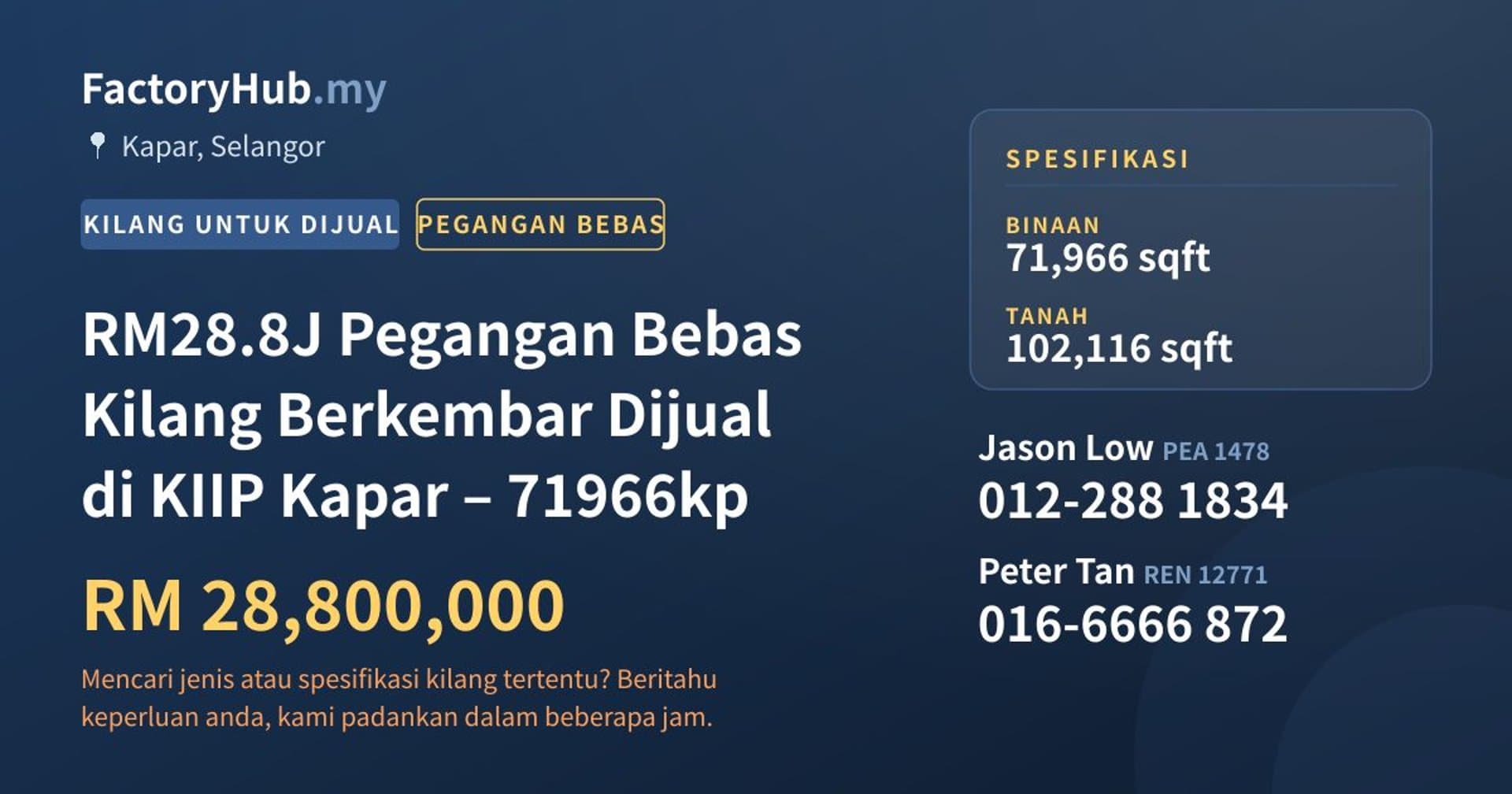 RM28.8J Pegangan Bebas Kilang Berkembar Dijual di KIIP Kapar – 71966kp · Imej hartanah 1/9