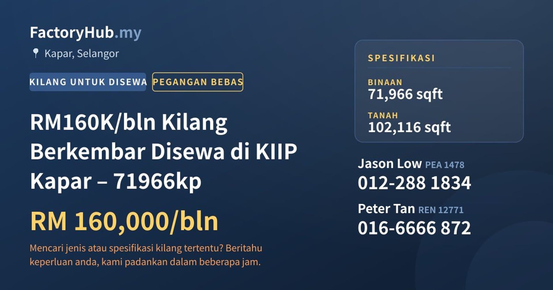 RM160K/bln Kilang Berkembar Disewa di KIIP Kapar – 71966kp · Imej hartanah 1/9