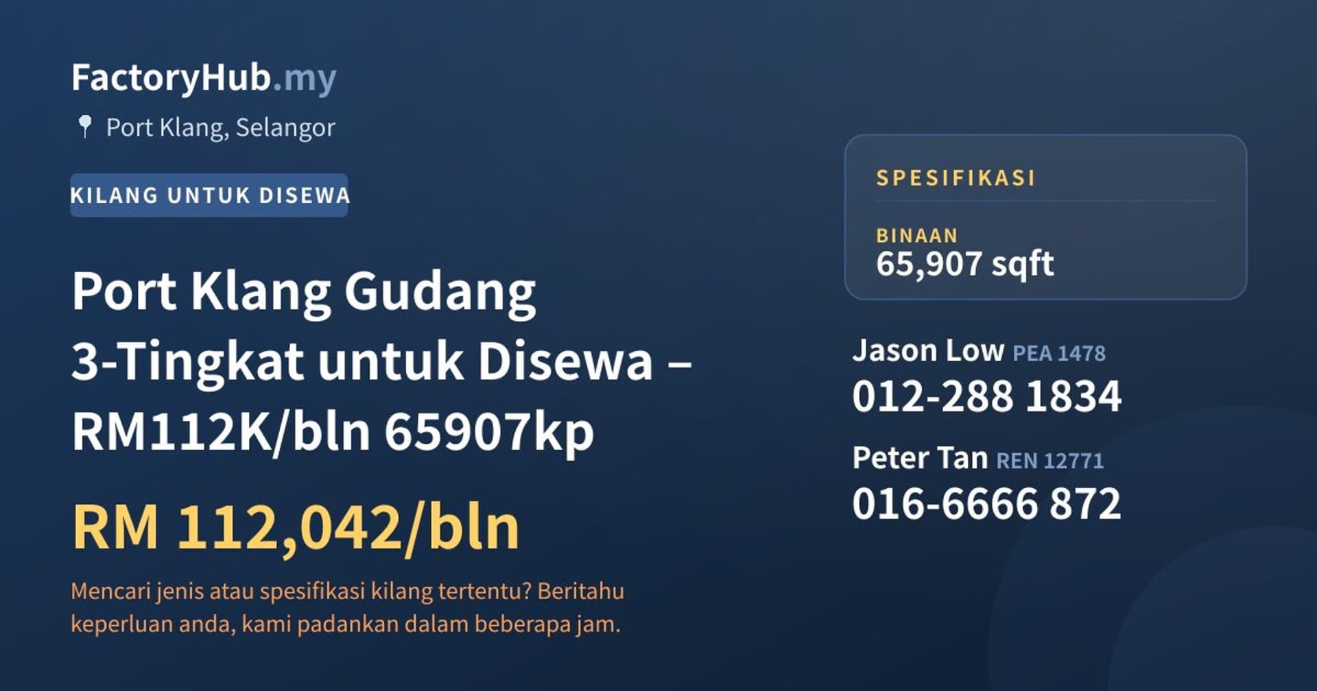 Port Klang Gudang 3-Tingkat untuk Disewa – RM112K/bln 65907kp · Imej hartanah 1/5
