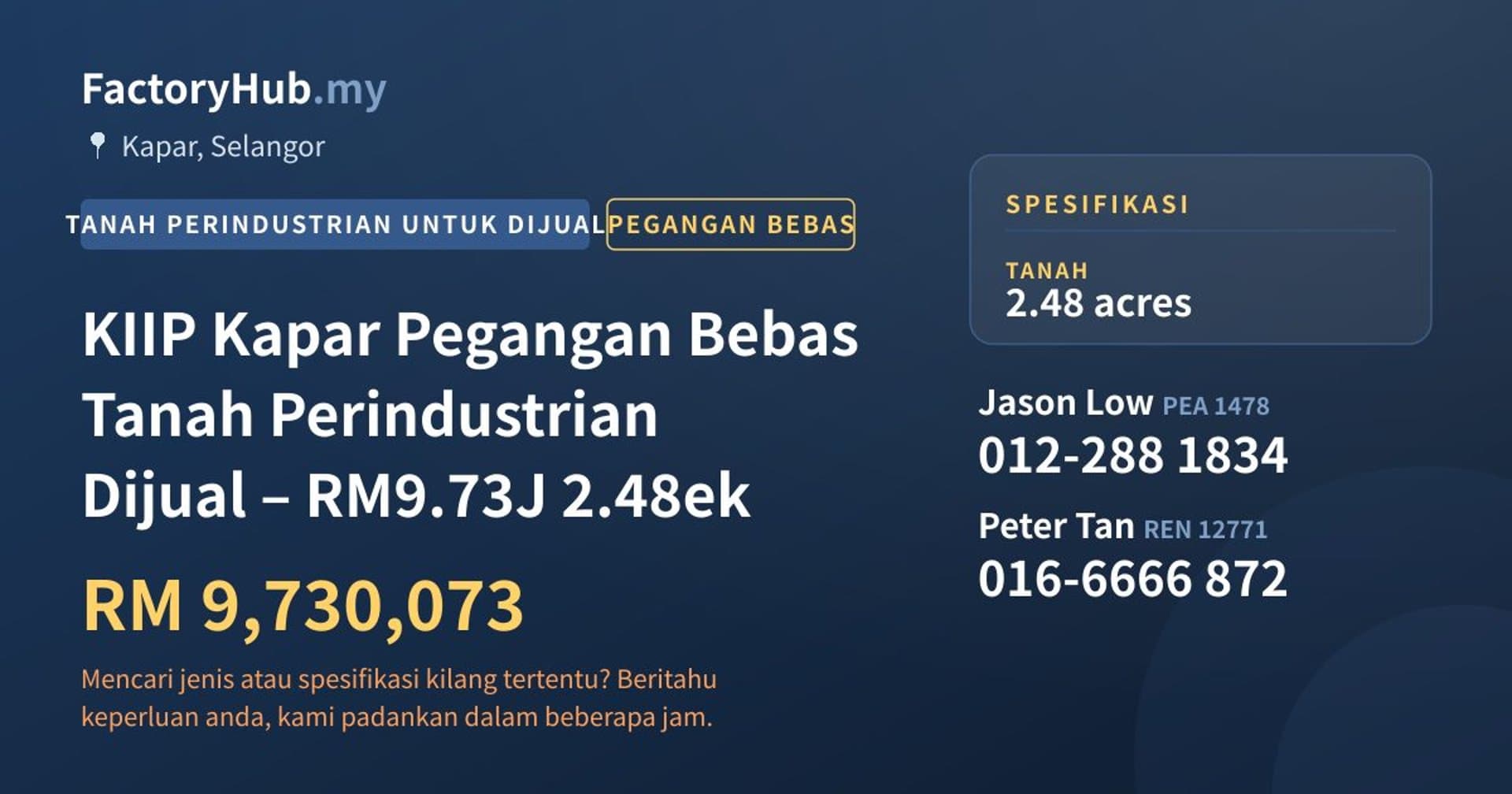 KIIP Kapar Pegangan Bebas Tanah Perindustrian Dijual – RM9.73J 2.48ek · Imej hartanah 1/5