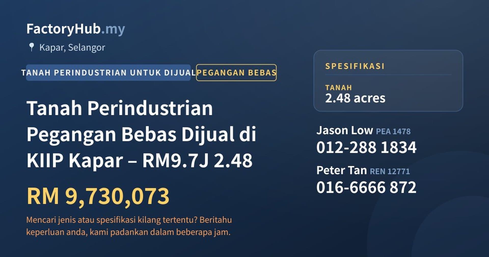 Tanah Perindustrian Pegangan Bebas Dijual di KIIP Kapar – RM9.7J 2.48 · Imej hartanah 1/5
