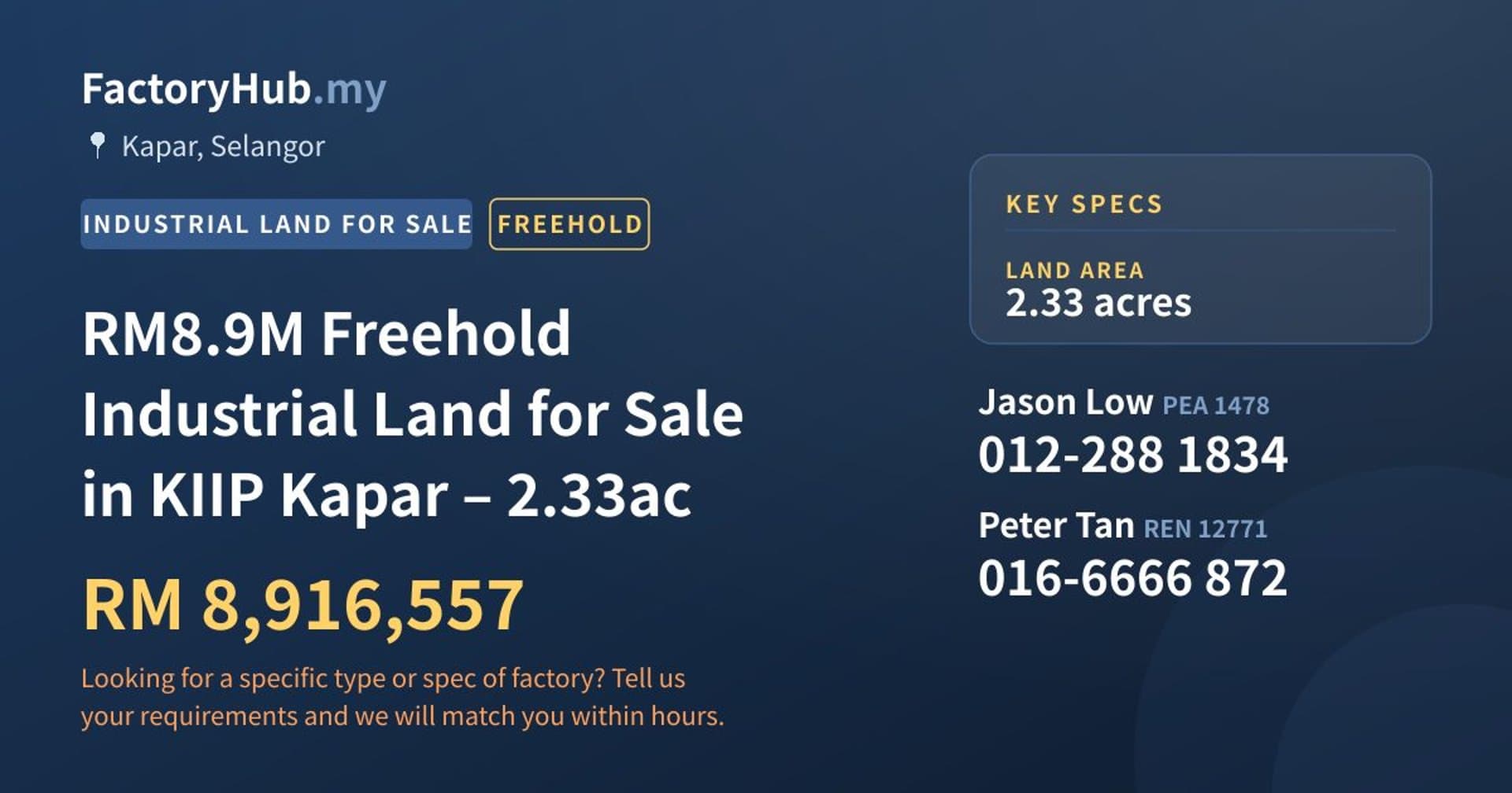 RM8.9M Freehold Industrial Land for Sale in KIIP Kapar – 2.33ac - Property image 1 of 5