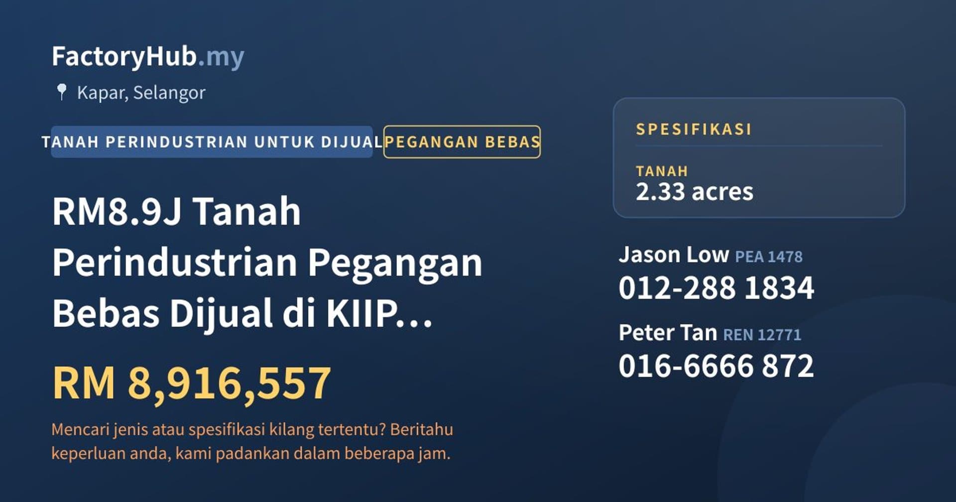 RM8.9J Tanah Perindustrian Pegangan Bebas Dijual di KIIP Kapar · Imej hartanah 1/5