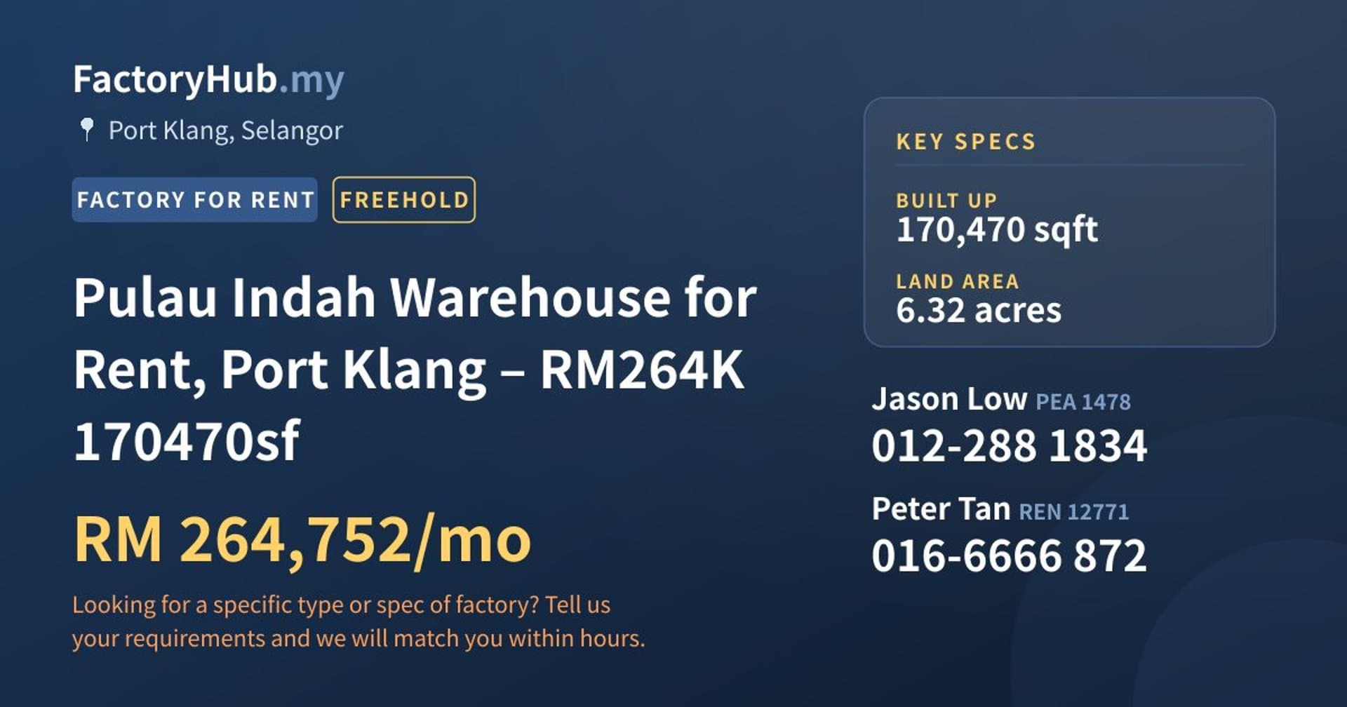 Pulau Indah Warehouse for Rent, Port Klang – RM264K 170470sf - Property image 1 of 9