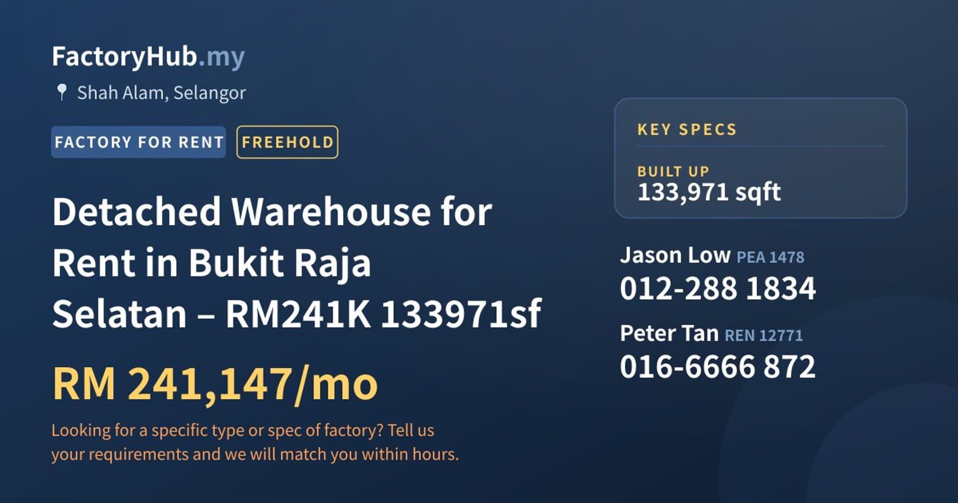 Detached Warehouse for Rent in Bukit Raja Selatan – RM241K 133971sf - Property image 1 of 6