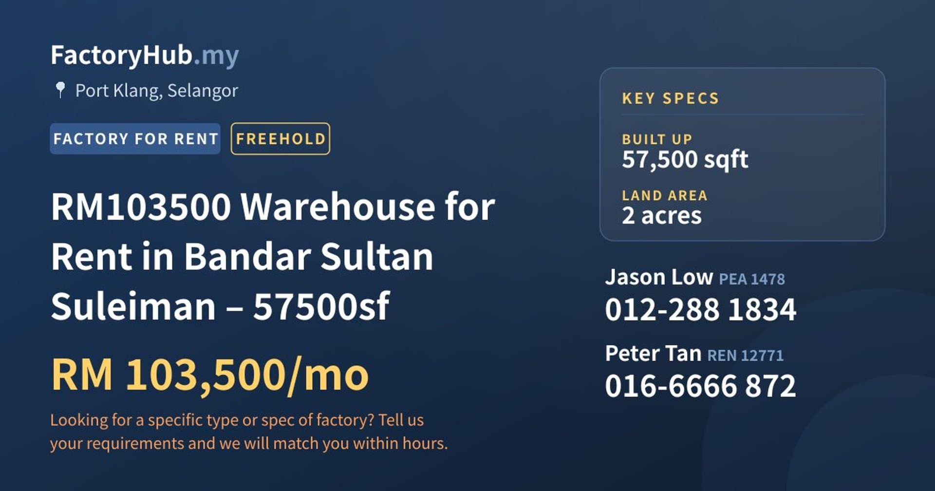 RM103500 Warehouse for Rent in Bandar Sultan Suleiman – 57500sf - Property image 1 of 9