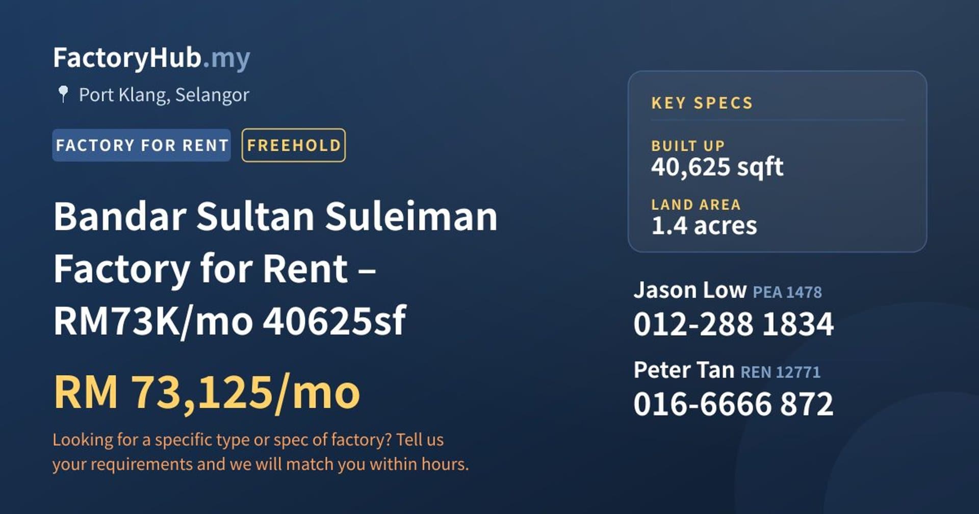 Bandar Sultan Suleiman Factory for Rent – RM73K/mo 40625sf - Property image 1 of 9