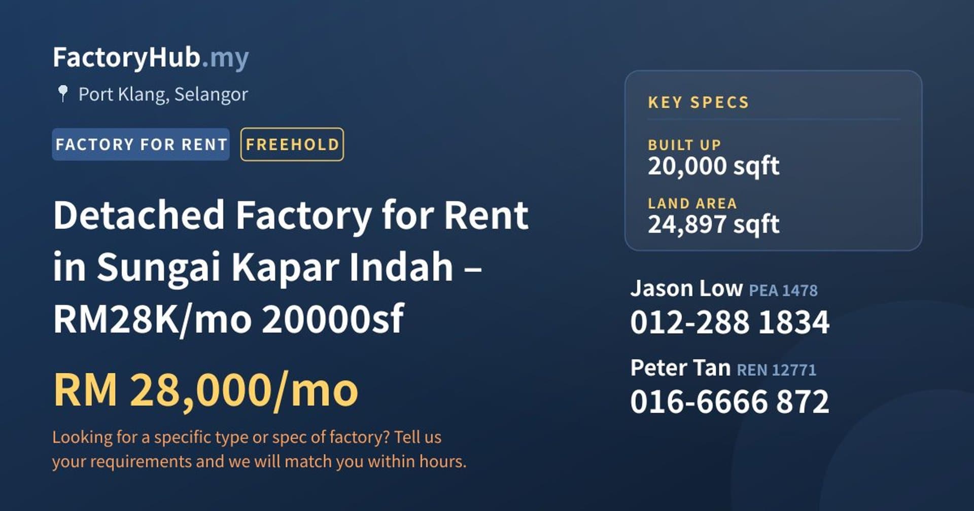 Detached Factory for Rent in Sungai Kapar Indah – RM28K/mo 20000sf - Property image 1 of 9