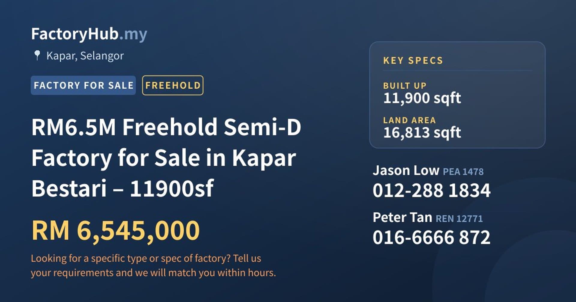 RM6.5M Freehold Semi-D Factory for Sale in Kapar Bestari – 11900sf - Property image 1 of 9