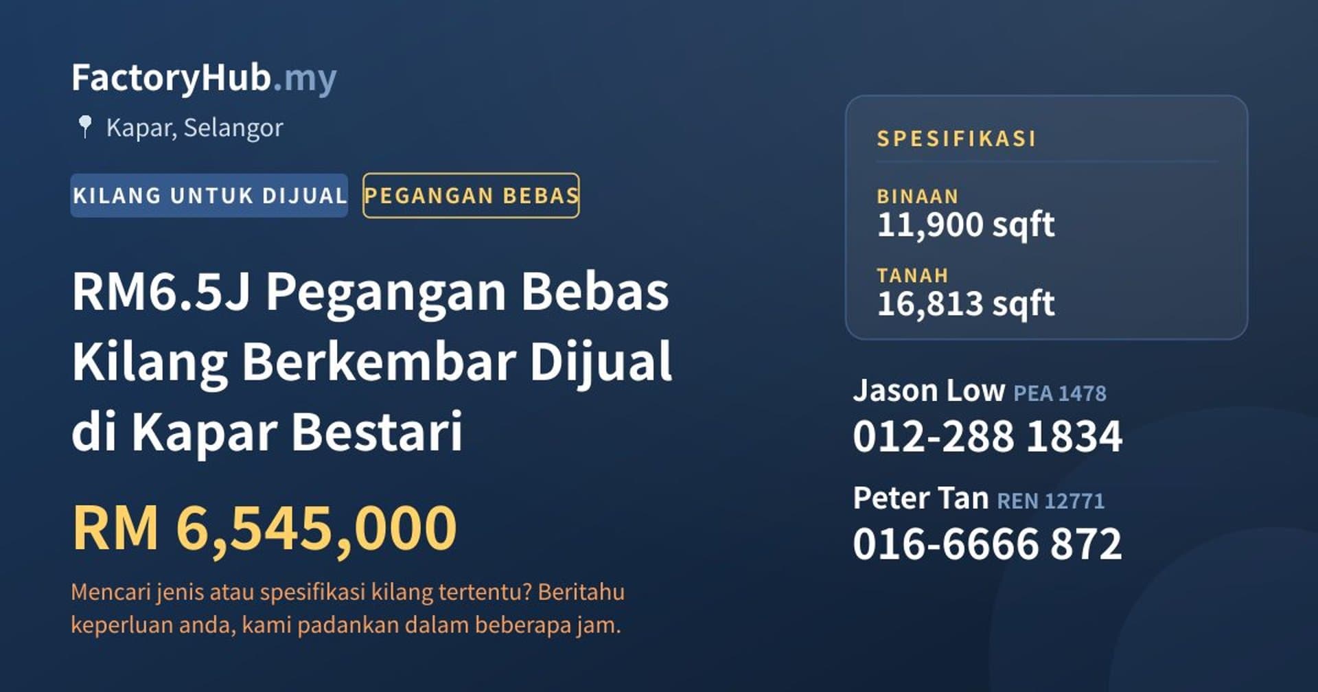 RM6.5J Pegangan Bebas Kilang Berkembar Dijual di Kapar Bestari · Imej hartanah 1/9