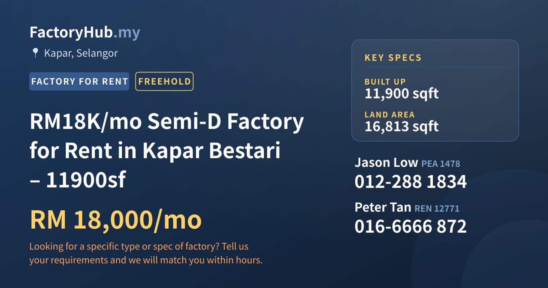 RM18K/mo Semi-D Factory for Rent in Kapar Bestari – 11900sf - Property image 1 of 9
