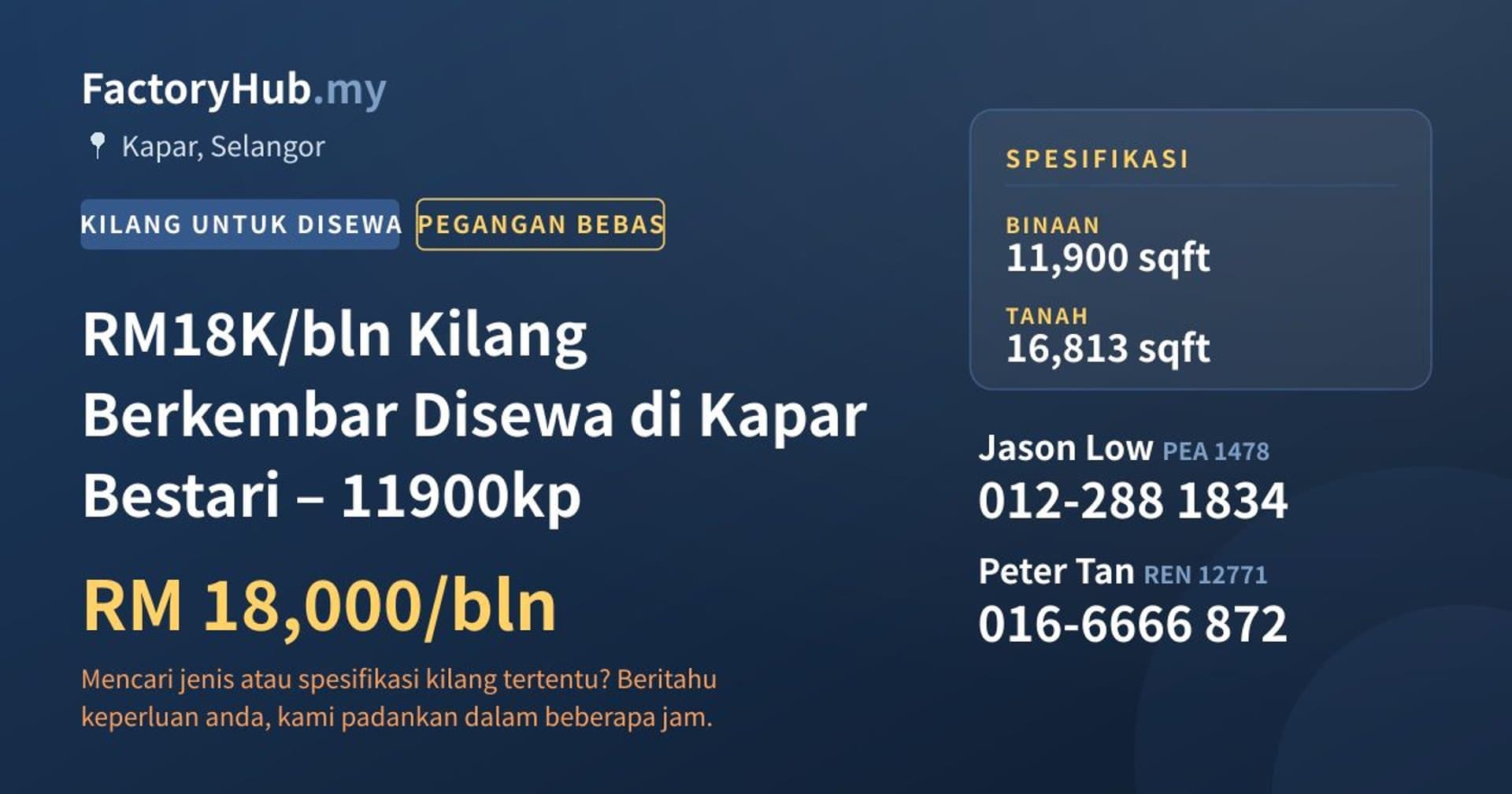 RM18K/bln Kilang Berkembar Disewa di Kapar Bestari – 11900kp · Imej hartanah 1/9