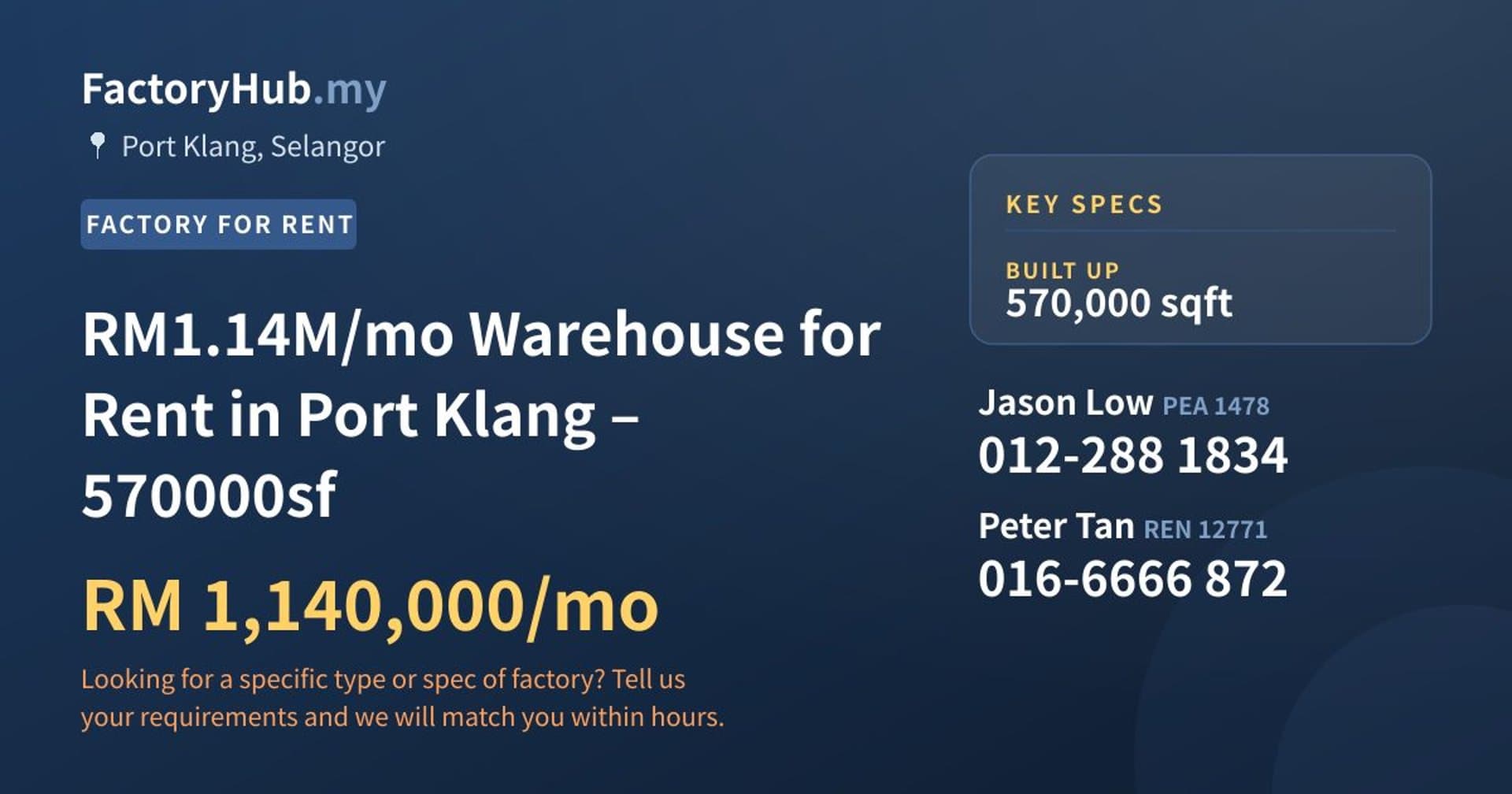 RM1.14M/mo Warehouse for Rent in Port Klang – 570000sf - Property image 1 of 4