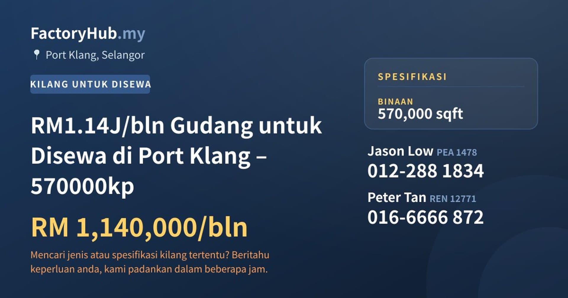 RM1.14J/bln Gudang untuk Disewa di Port Klang – 570000kp · Imej hartanah 1/4