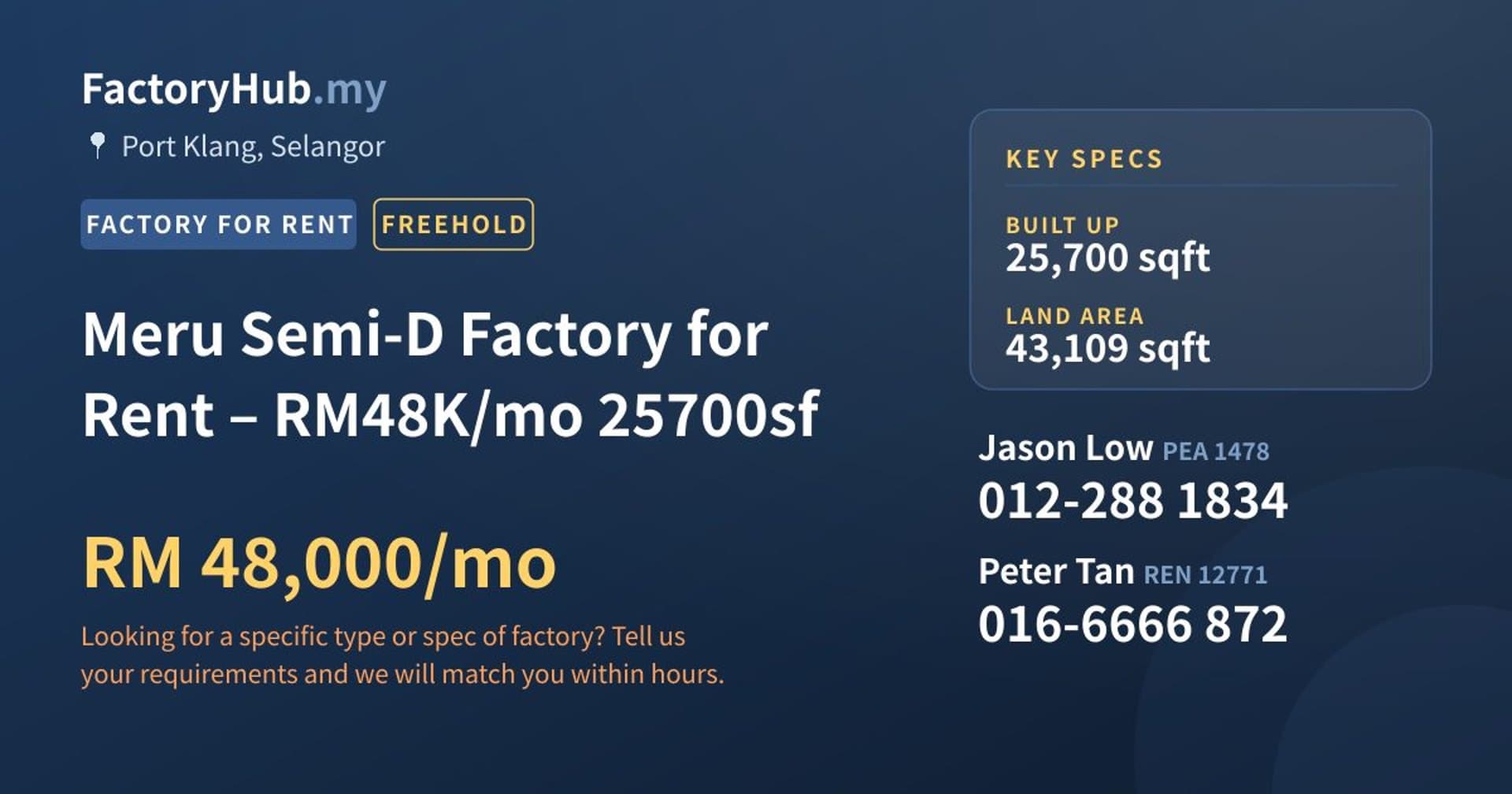 Meru Semi-D Factory for Rent – RM48K/mo 25700sf - Property image 1 of 9