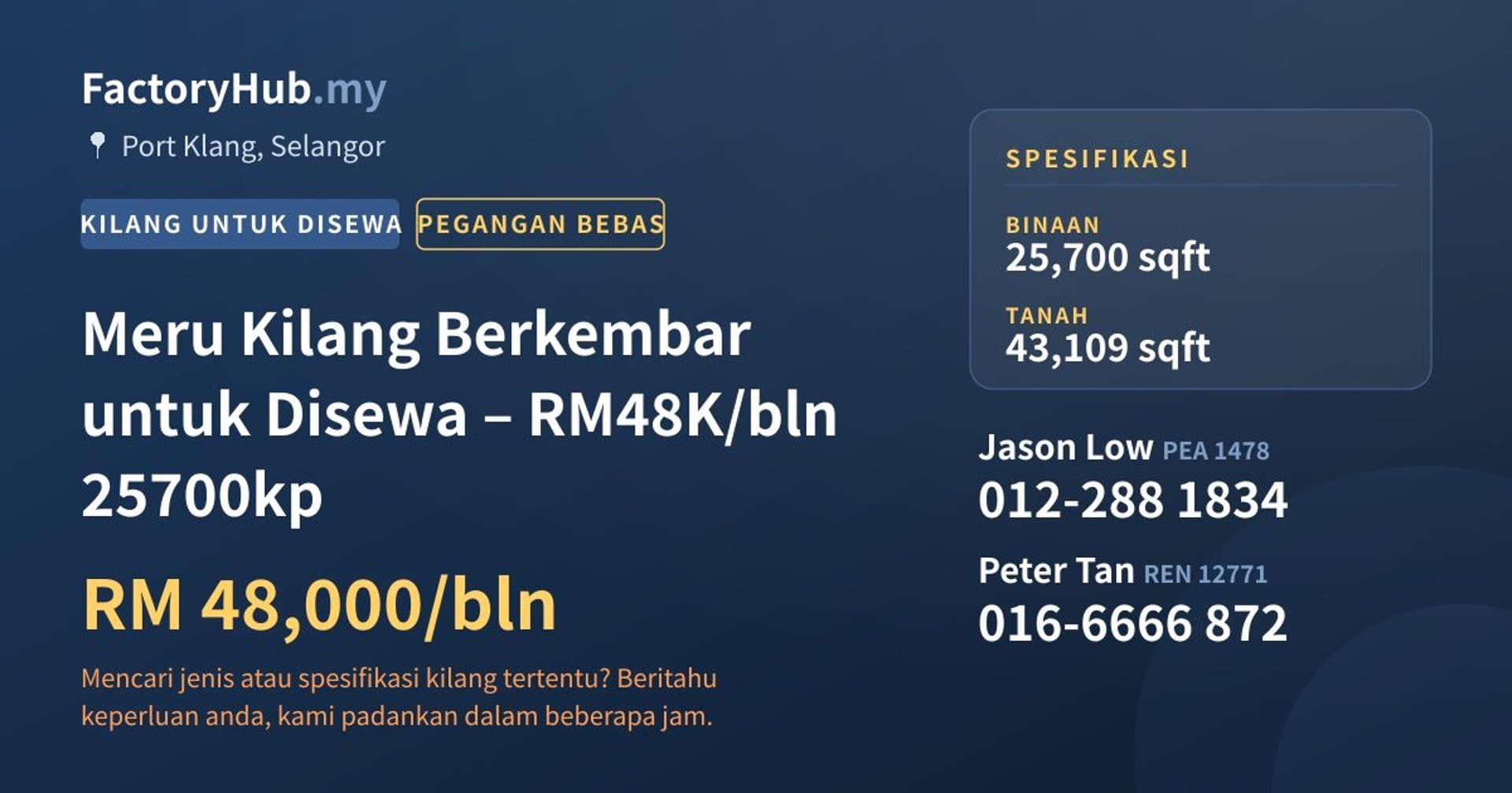 Meru Kilang Berkembar untuk Disewa – RM48K/bln 25700kp · Imej hartanah 1/9