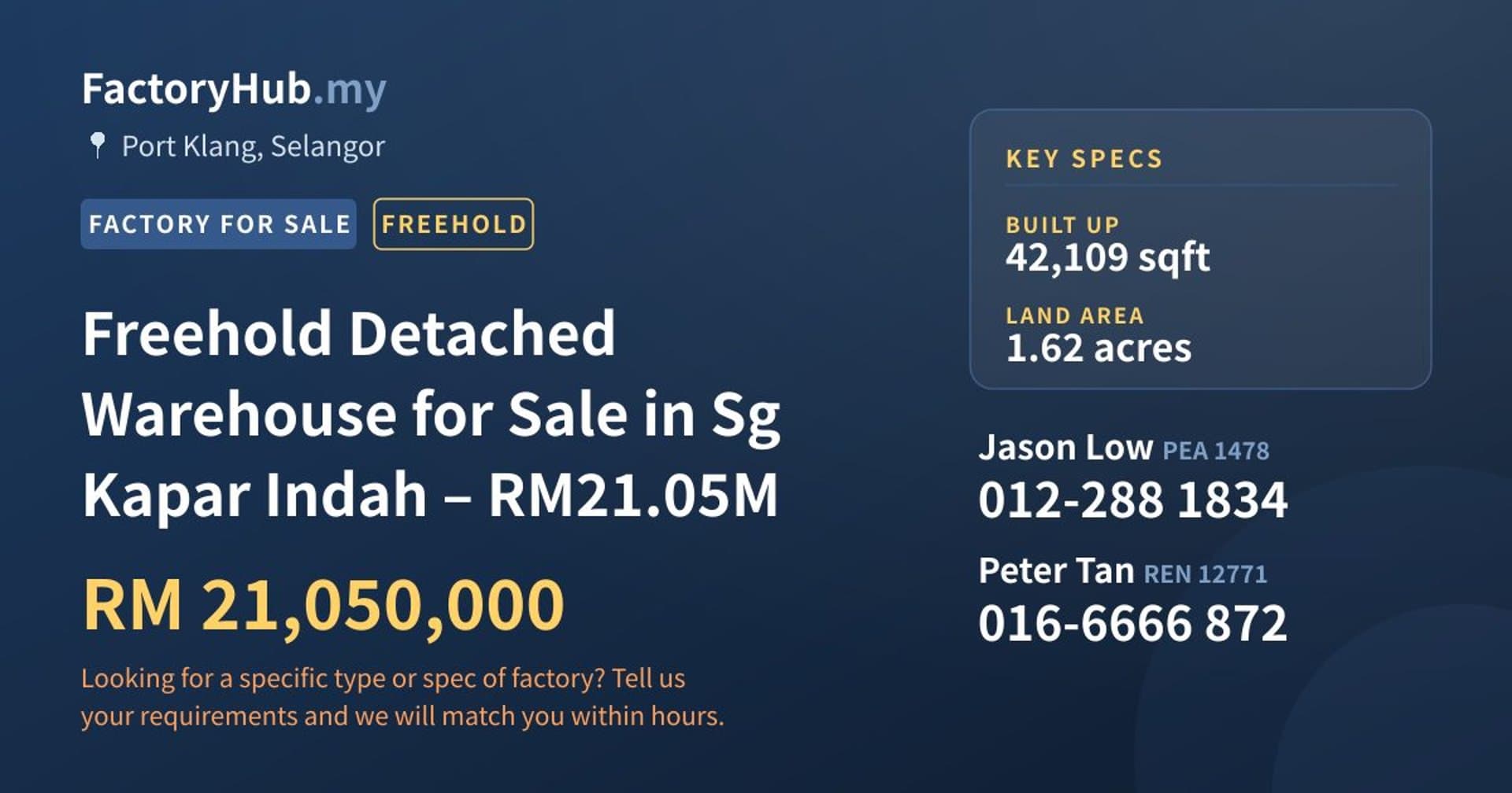 Freehold Detached Warehouse for Sale in Sg Kapar Indah – RM21.05M - Property image 1 of 9