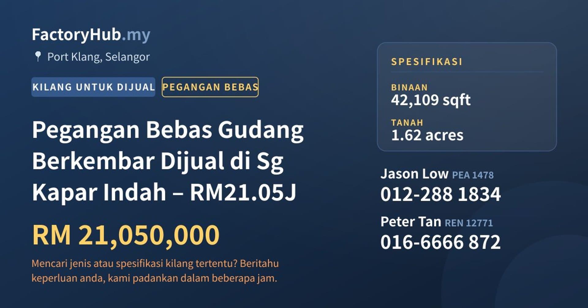 Pegangan Bebas Gudang Berkembar Dijual di Sg Kapar Indah – RM21.05J · Imej hartanah 1/9