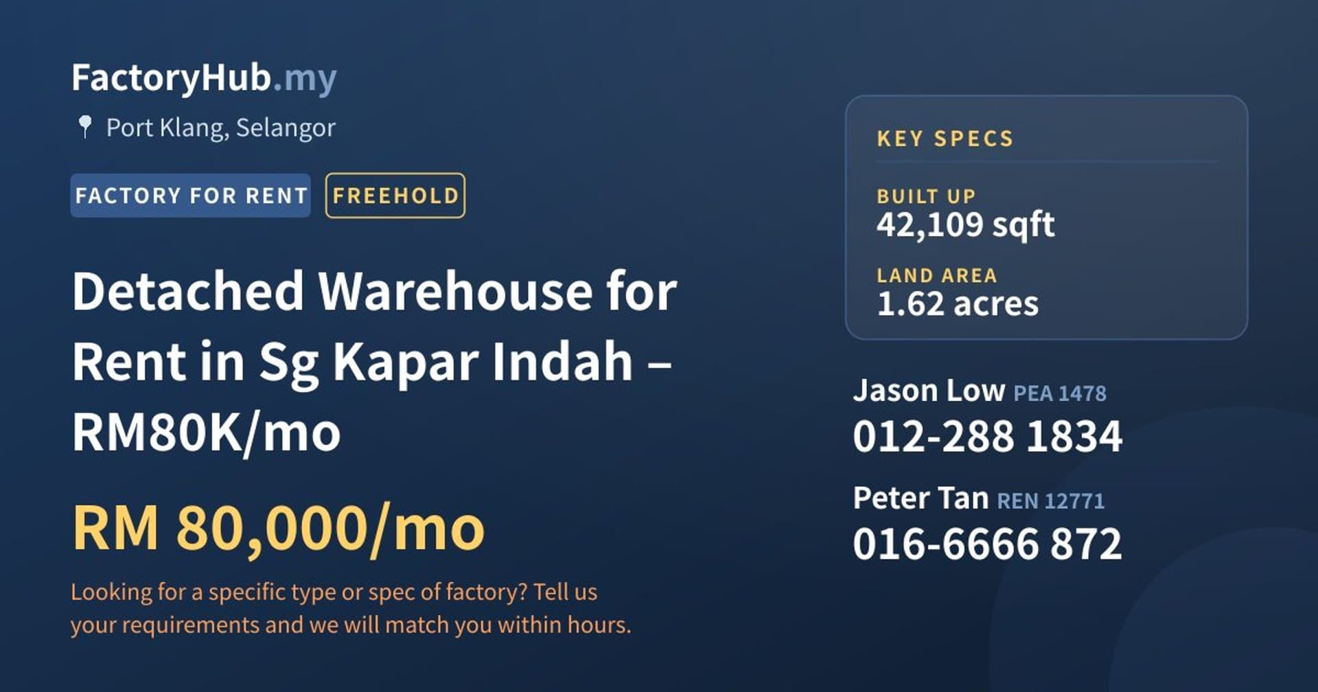 Detached Warehouse for Rent in Sg Kapar Indah – RM80K/mo - Property image 1 of 9