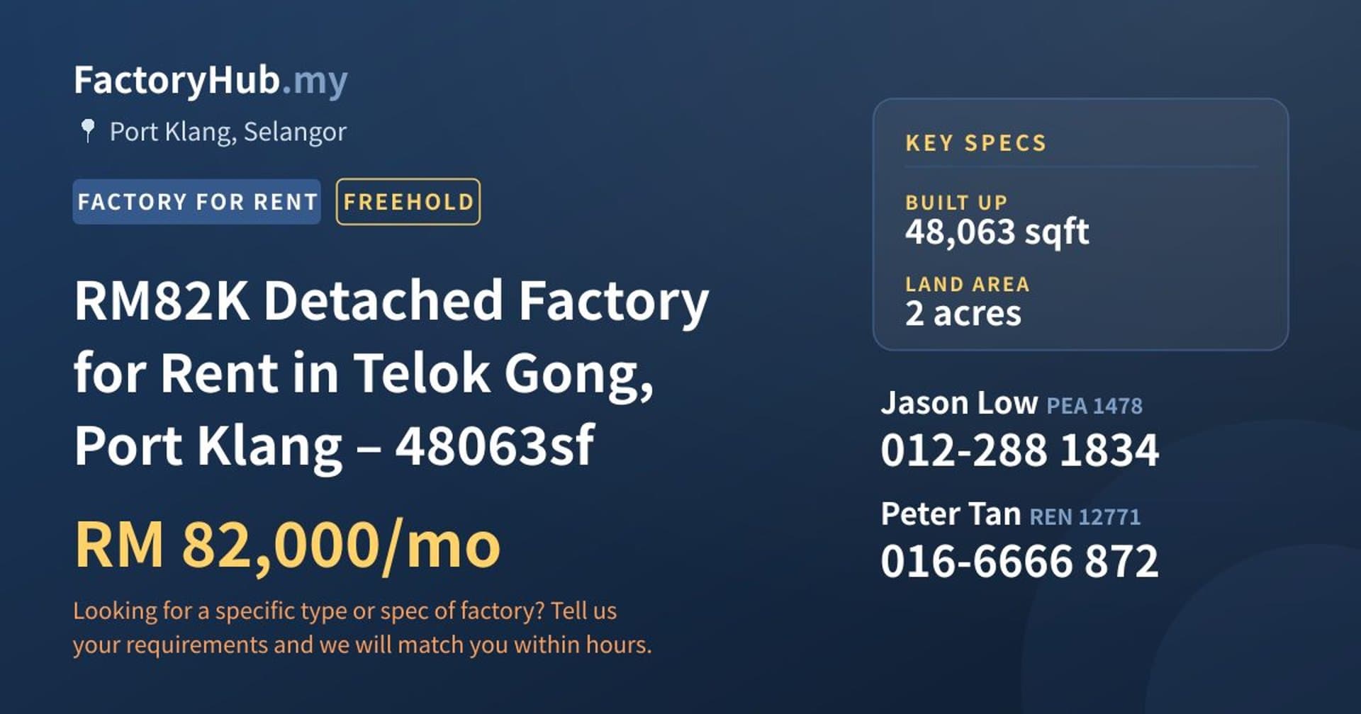 RM82K Detached Factory for Rent in Telok Gong, Port Klang – 48063sf - Property image 1 of 9