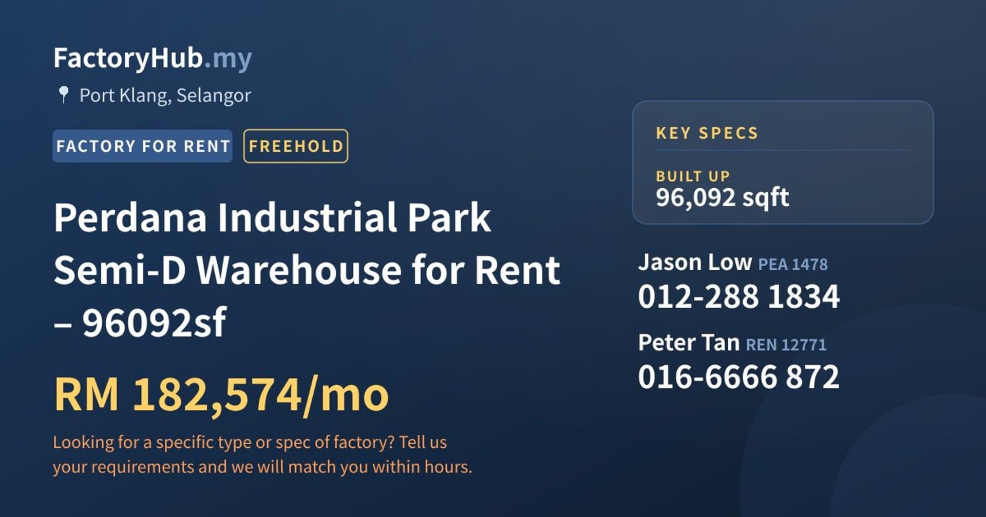 Perdana Industrial Park Semi-D Warehouse for Rent – 96092sf - Property image 1 of 9